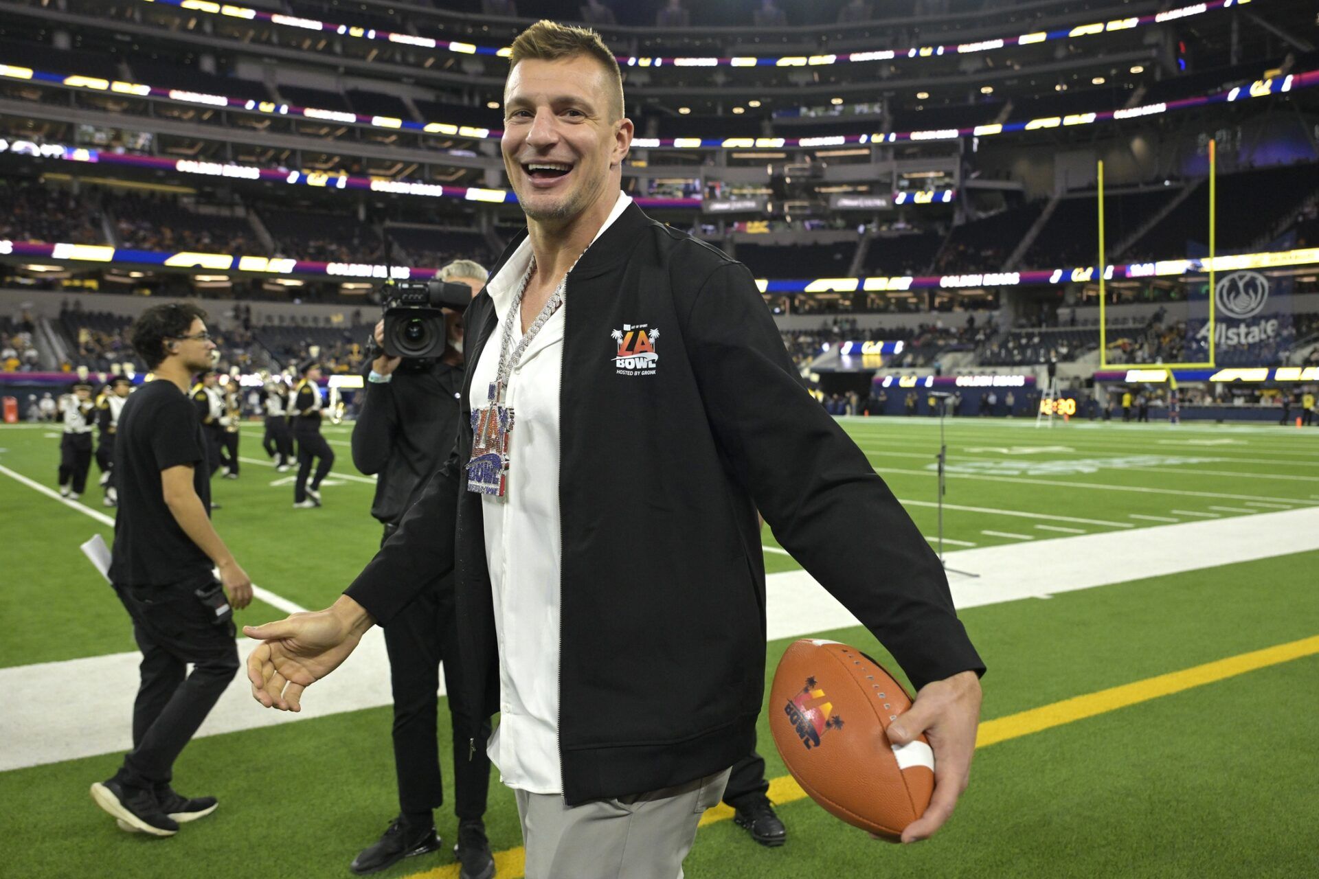 Rob Gronkowski on the field prior to the game between the California Golden Bears and the UNLV Rebels in the LA Bowl at SoFi Stadium.