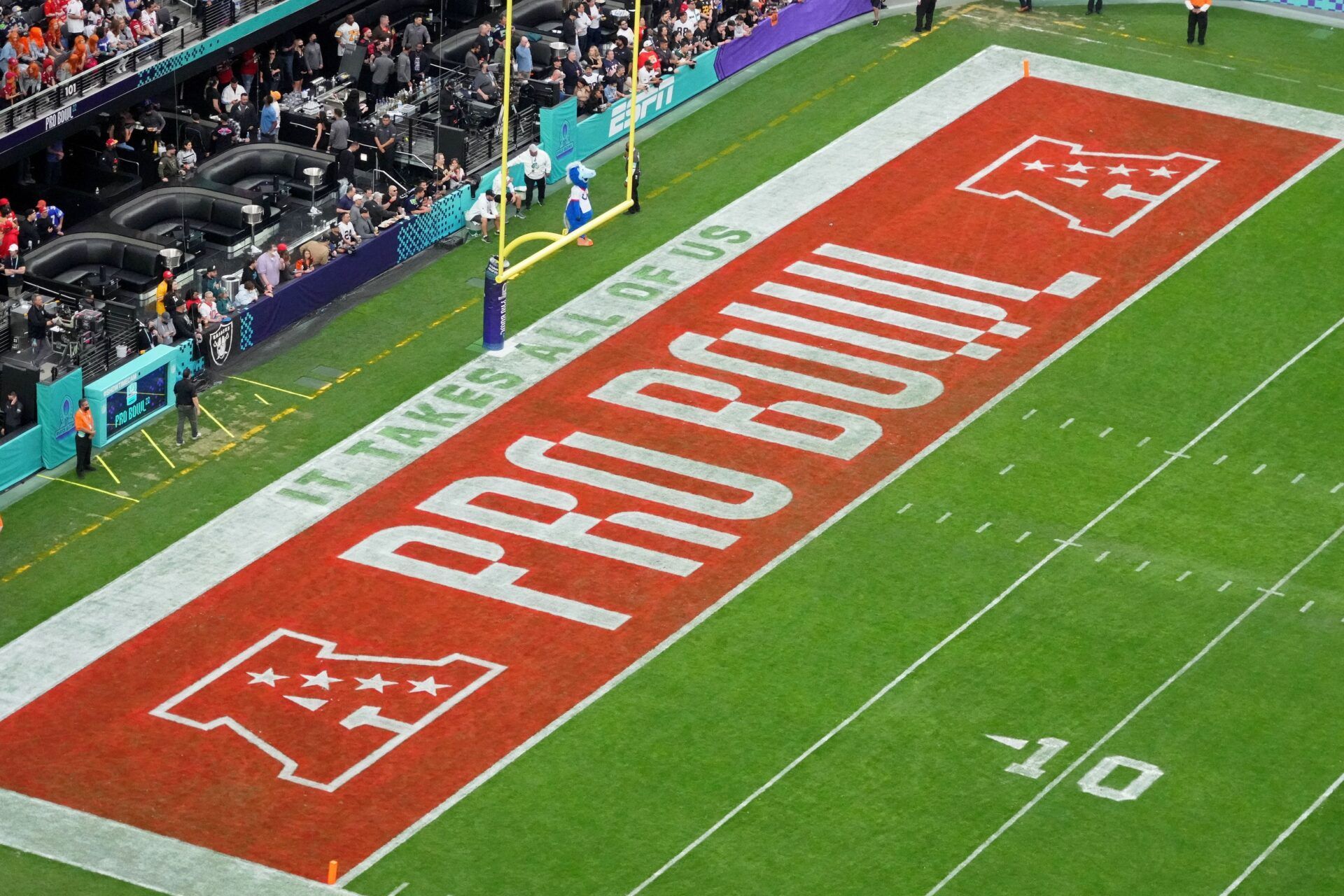 A general view of the AFC logo in the end zone during the Pro Bowl football game at Allegiant Stadium.