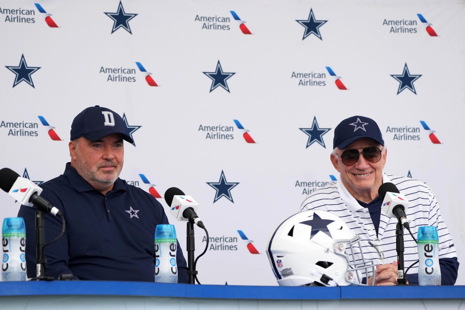 Dallas Cowboys coach Mike McCarthy (left) and owner Jerry Jones at training camp press conference at the River Ridge Fields.