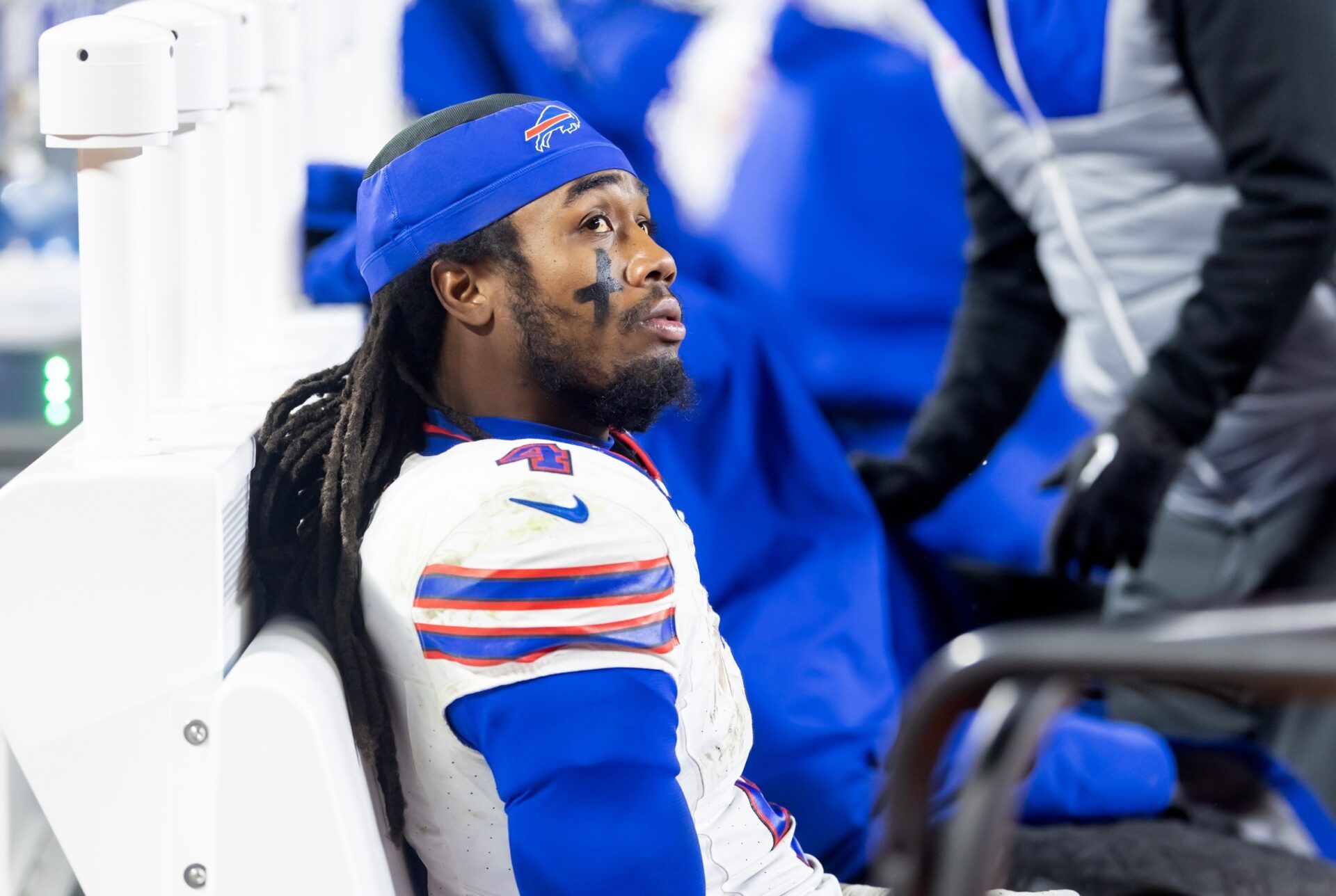 Buffalo Bills running back James Cook (4) reacts in the closing minutes of the game against the Kansas City Chiefs during the AFC Championship game at GEHA Field at Arrowhead Stadium.