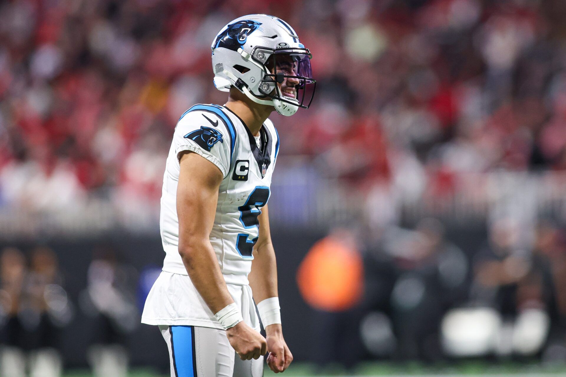 Carolina Panthers quarterback Bryce Young (9) celebrates after a touchdown pass against the Atlanta Falcons in the third quarter at Mercedes-Benz Stadium.