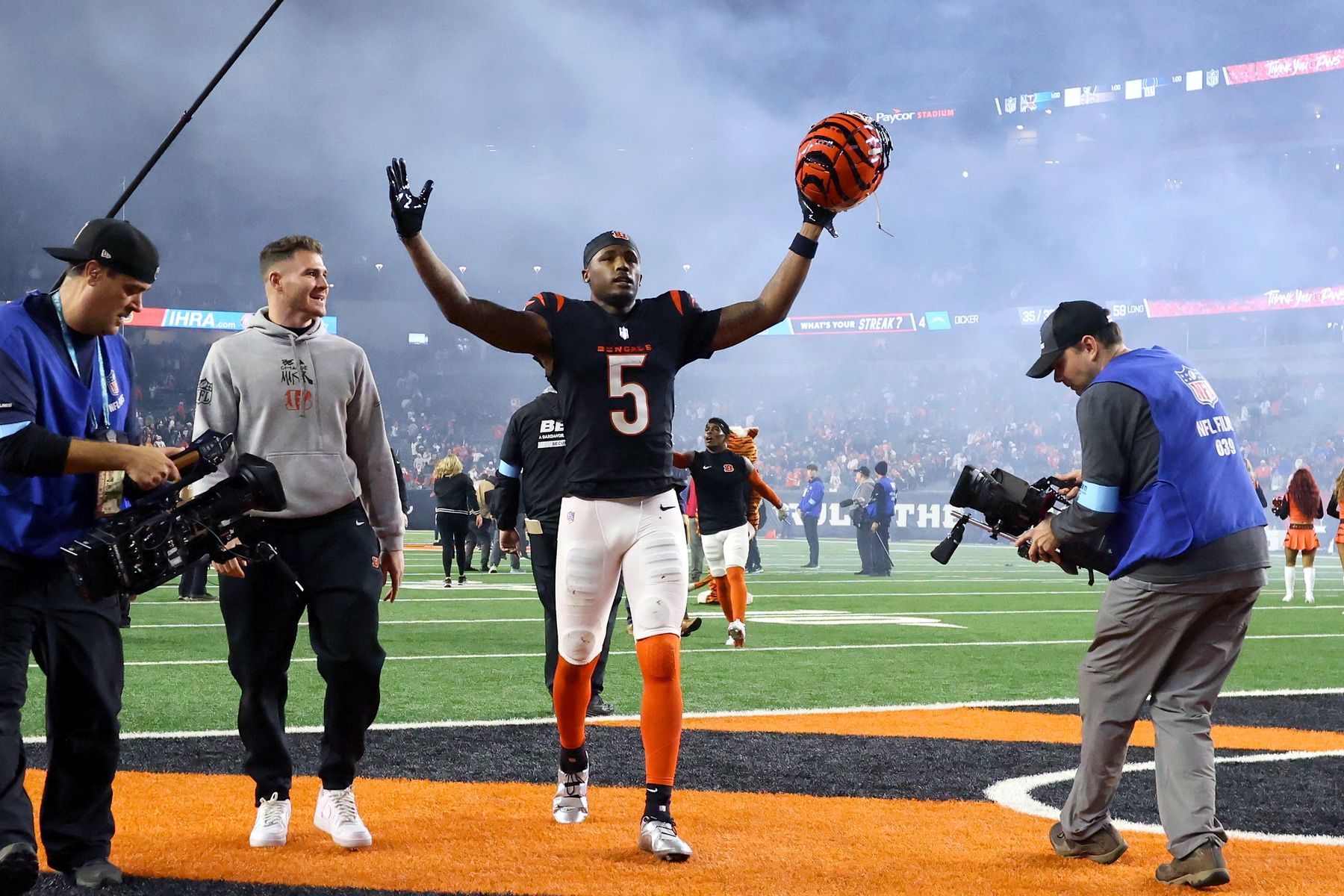 Cincinnati Bengals wide receiver Tee Higgins (5) celebrates following the overtime win against the Denver Broncos at Paycor Stadium.