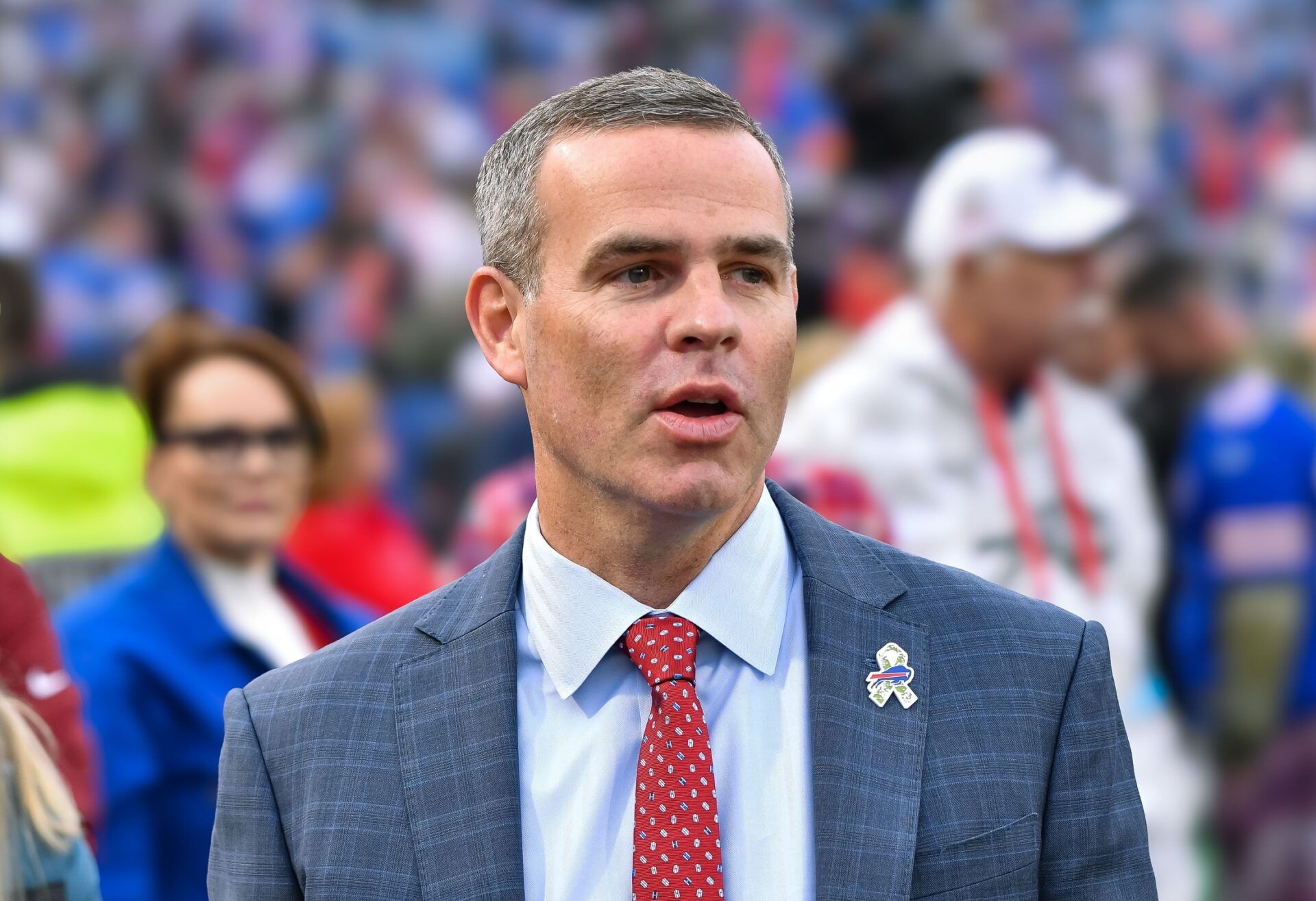 Buffalo Bills general manager Brandon Beane on the field before a game against the Kansas City Chiefs at Highmark Stadium.