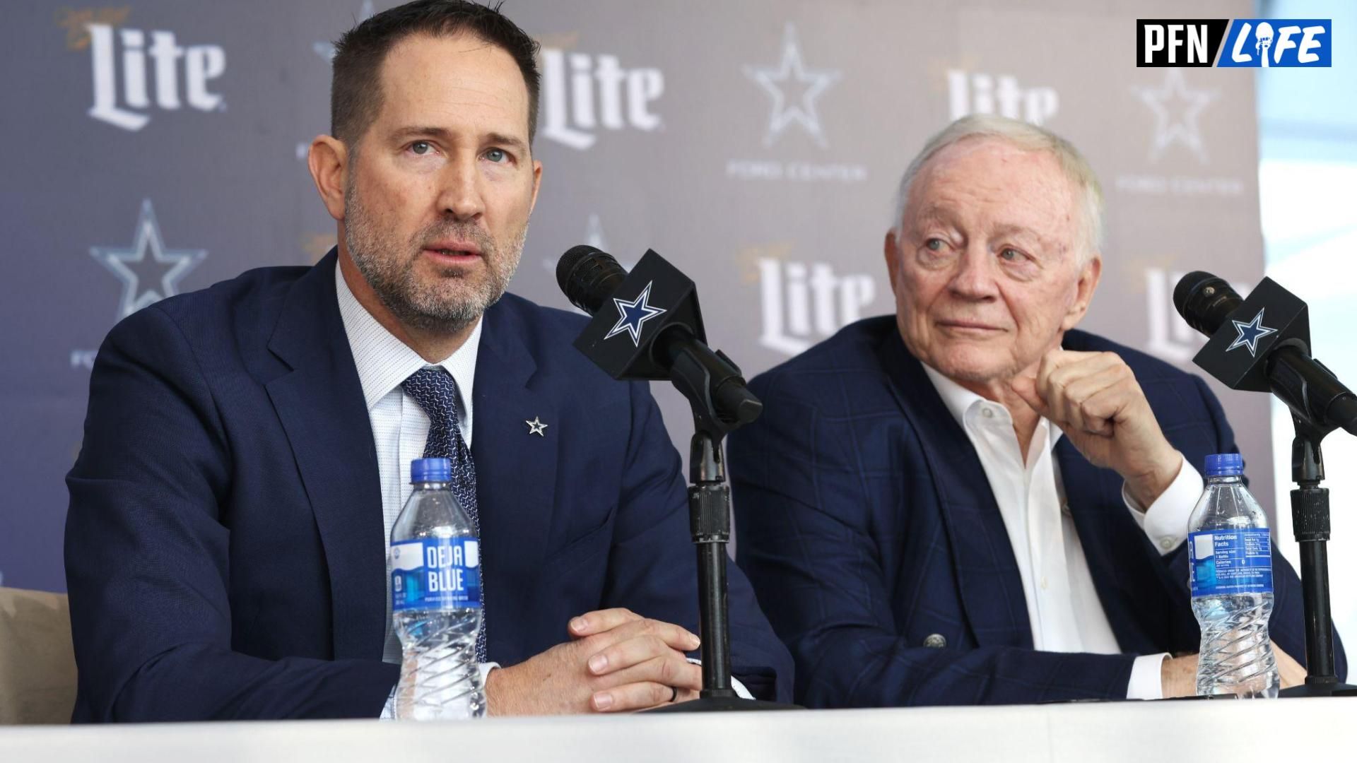 Dallas Cowboys Head Coach Brian Schottenheimer and owner Jerry Jones speak to the media at a press conference at the Star.