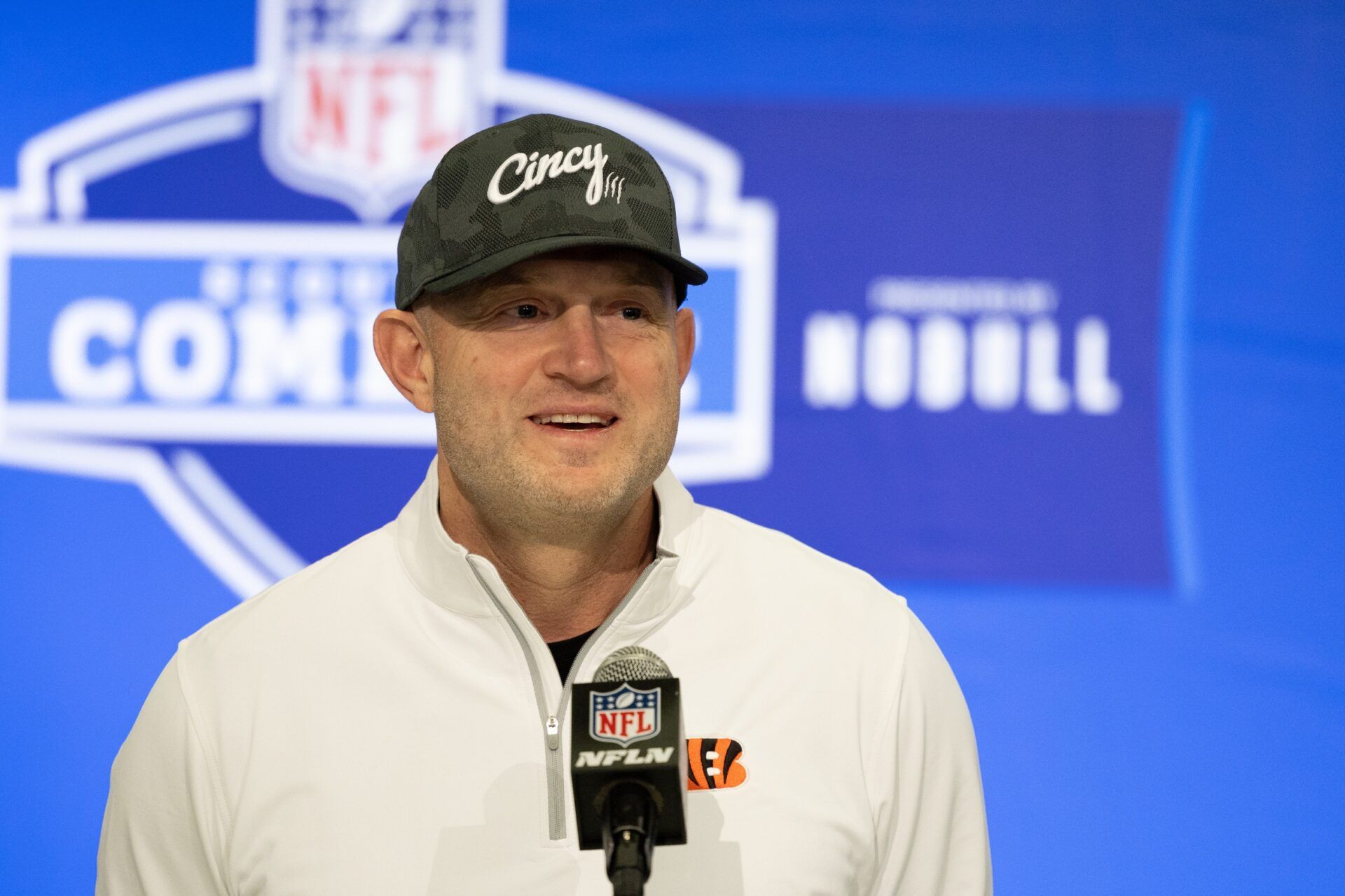 Cincinnati Bengals director of player personnel Duke Tobin talks to the media at the 2024 NFL Combine at Indiana Convention Center.