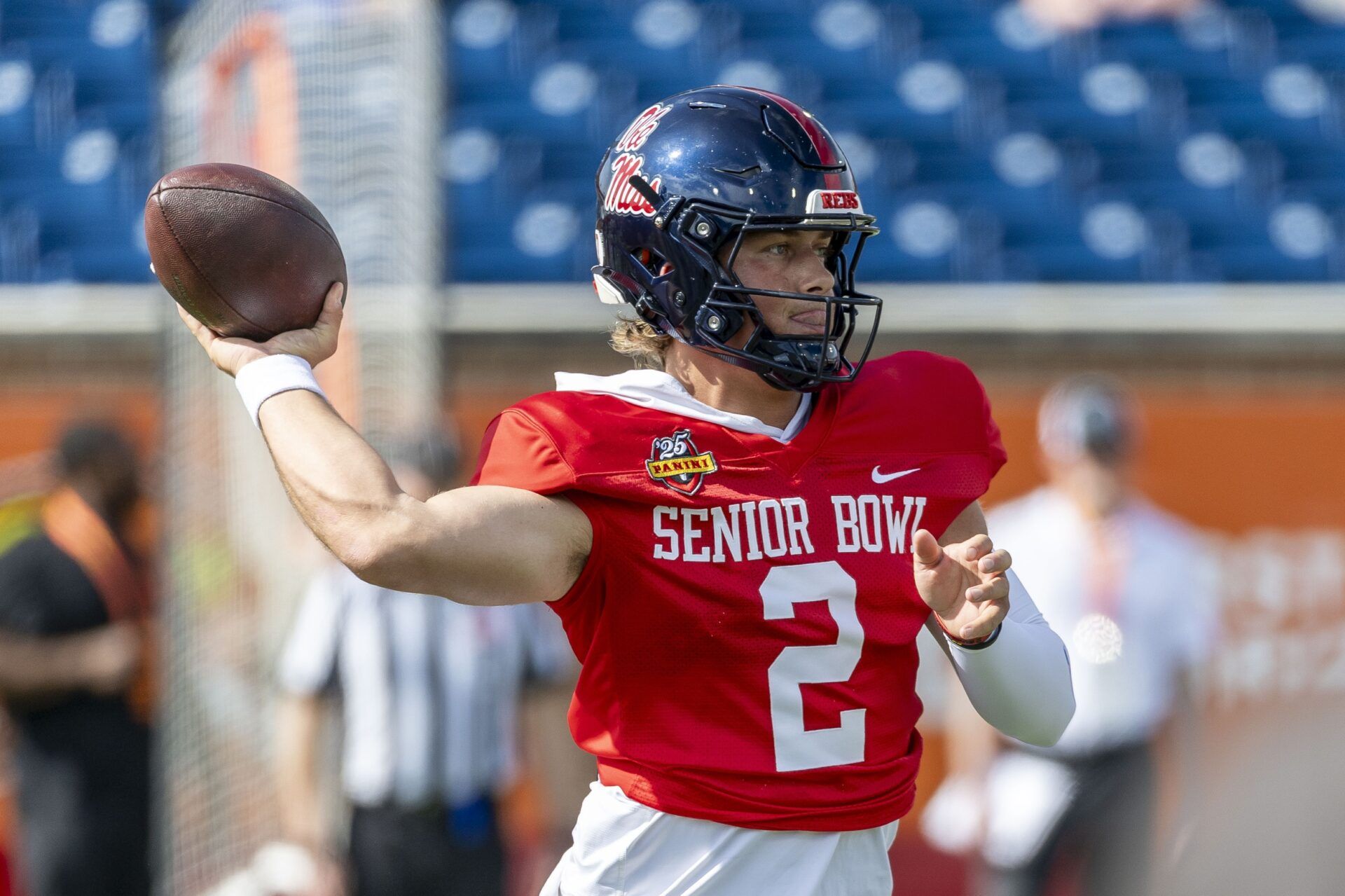 American team quarterback Jaxson Dart of Ole Miss (2) throws the ball during Senior Bowl practice for the National team at Hancock Whitney Stadium.