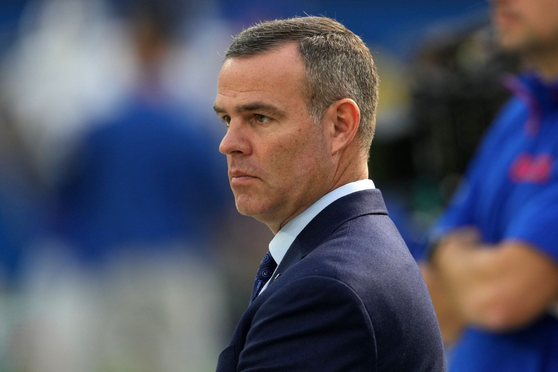 Buffalo Bills general manager Brandon Beane reacts during the game against the Los Angeles Rams at SoFi Stadium.