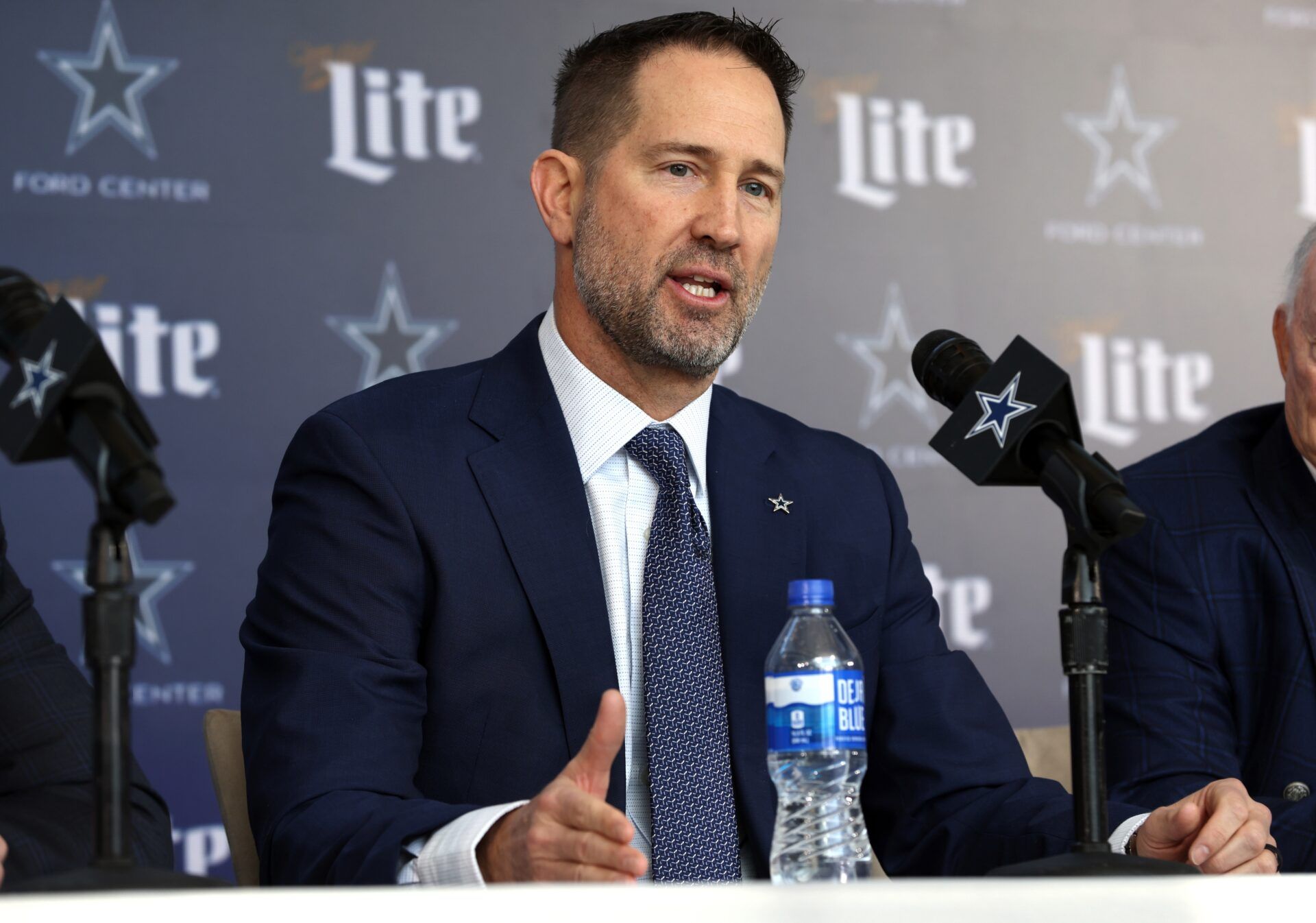 Dallas Cowboys Head Coach Brian Schottenheimer speaks to the media at a press conference at the Star.