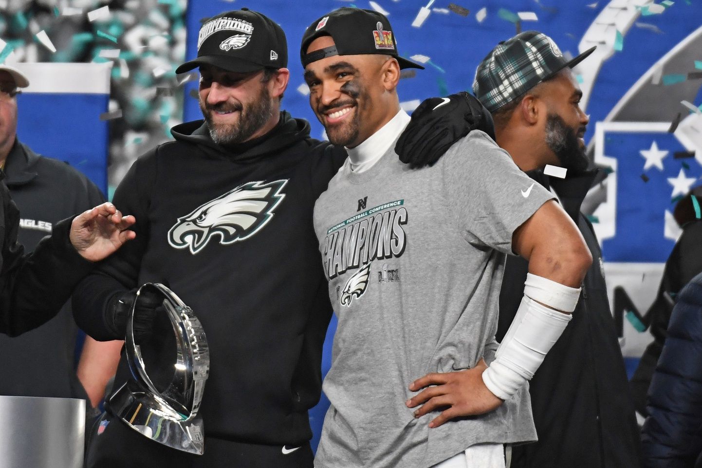 Philadelphia Eagles head coach Nick Sirianni and quarterback Jalen Hurts (1) after defeating the Washington Commanders in the NFC Championship game at Lincoln Financial Field.