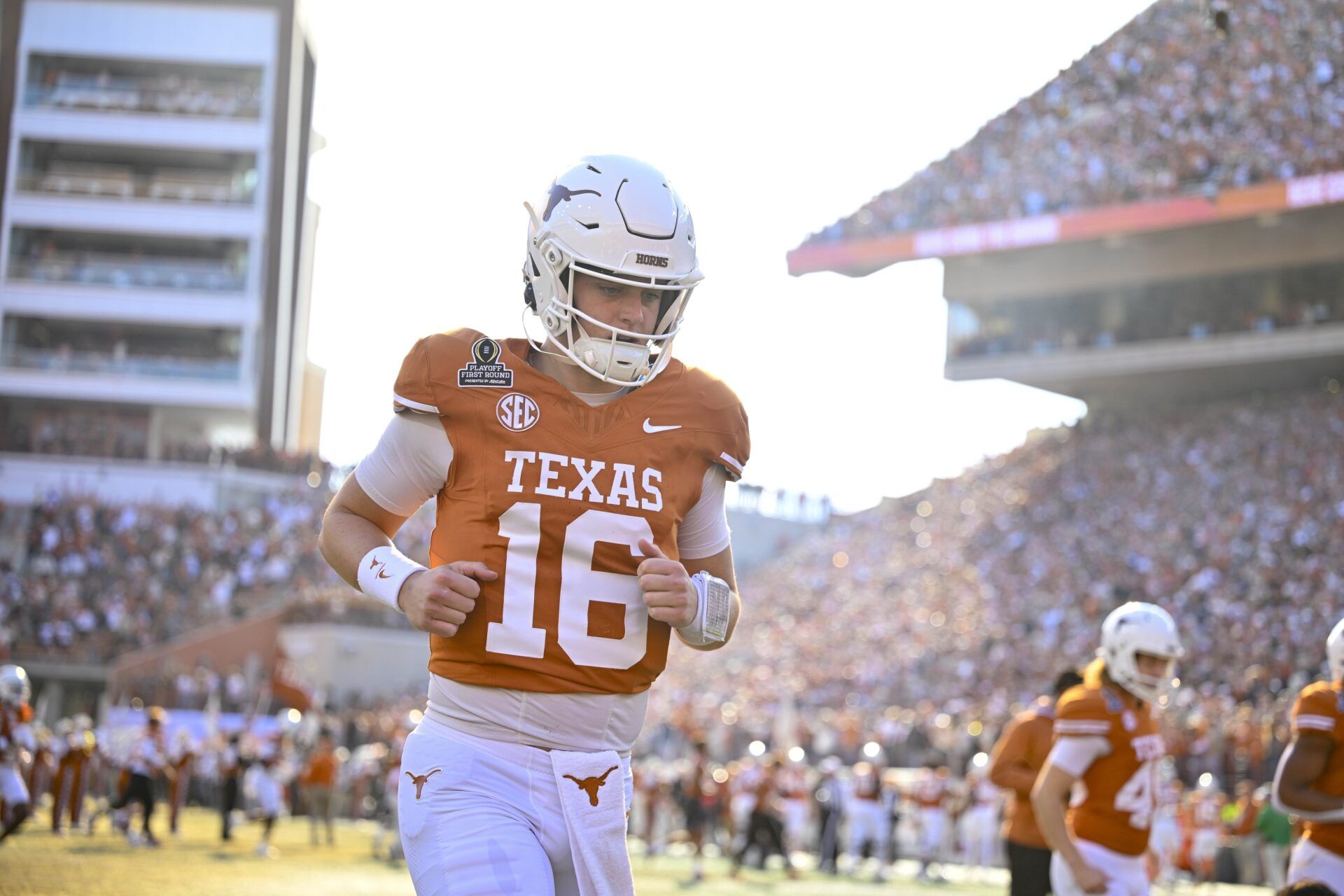 Texas Longhorns quarterback Arch Manning (16) takes the field before the game between the Texas Longhorns and the Clemson Tigers in the CFP National Playoff First Round at Darrell K Royal-Texas Memorial Stadium.