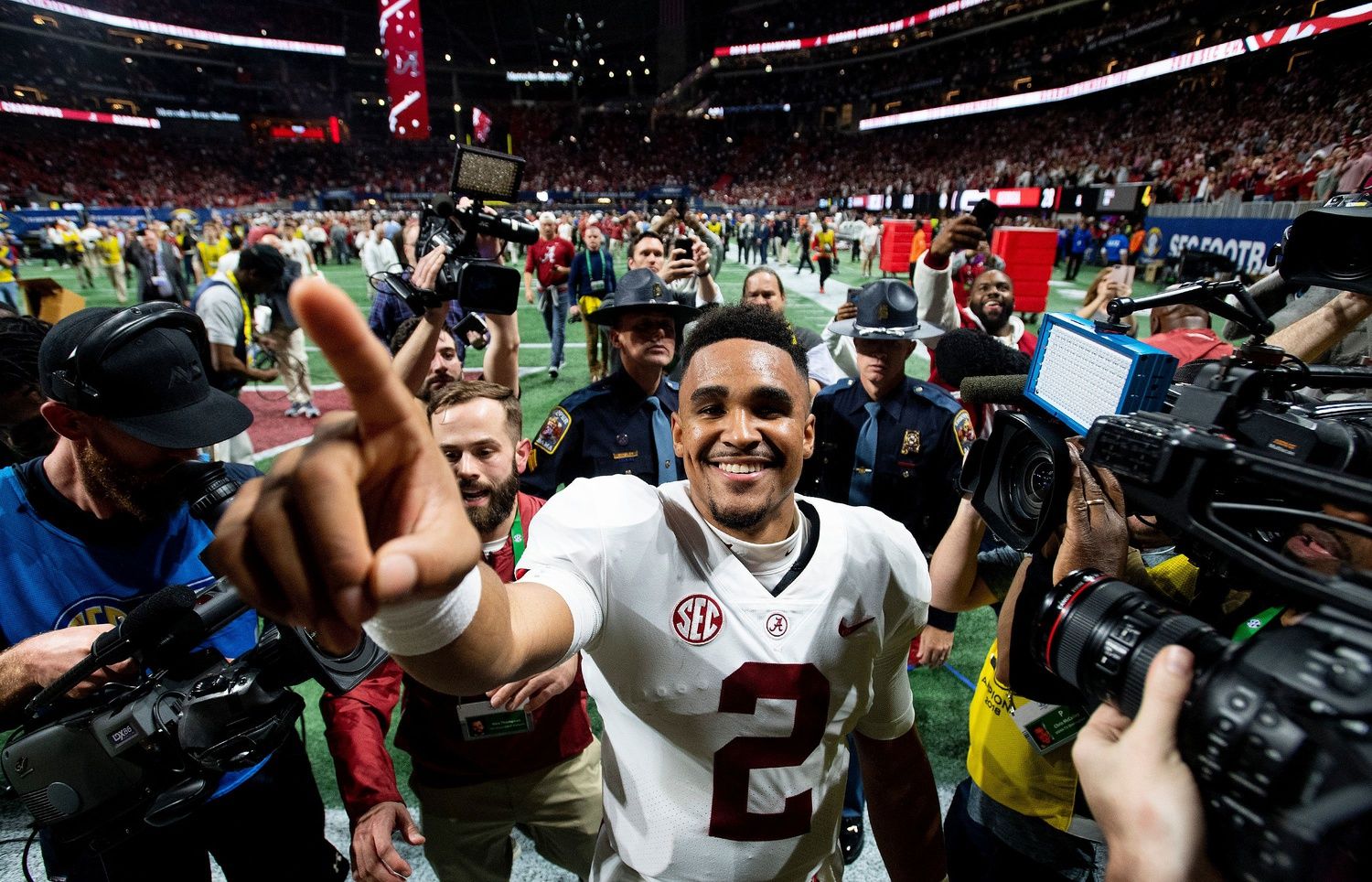 Alabama quarterback Jalen Hurts (2) after winning the SEC Championship Game at Mercedes Benz Stadium in Atlanta, Ga.