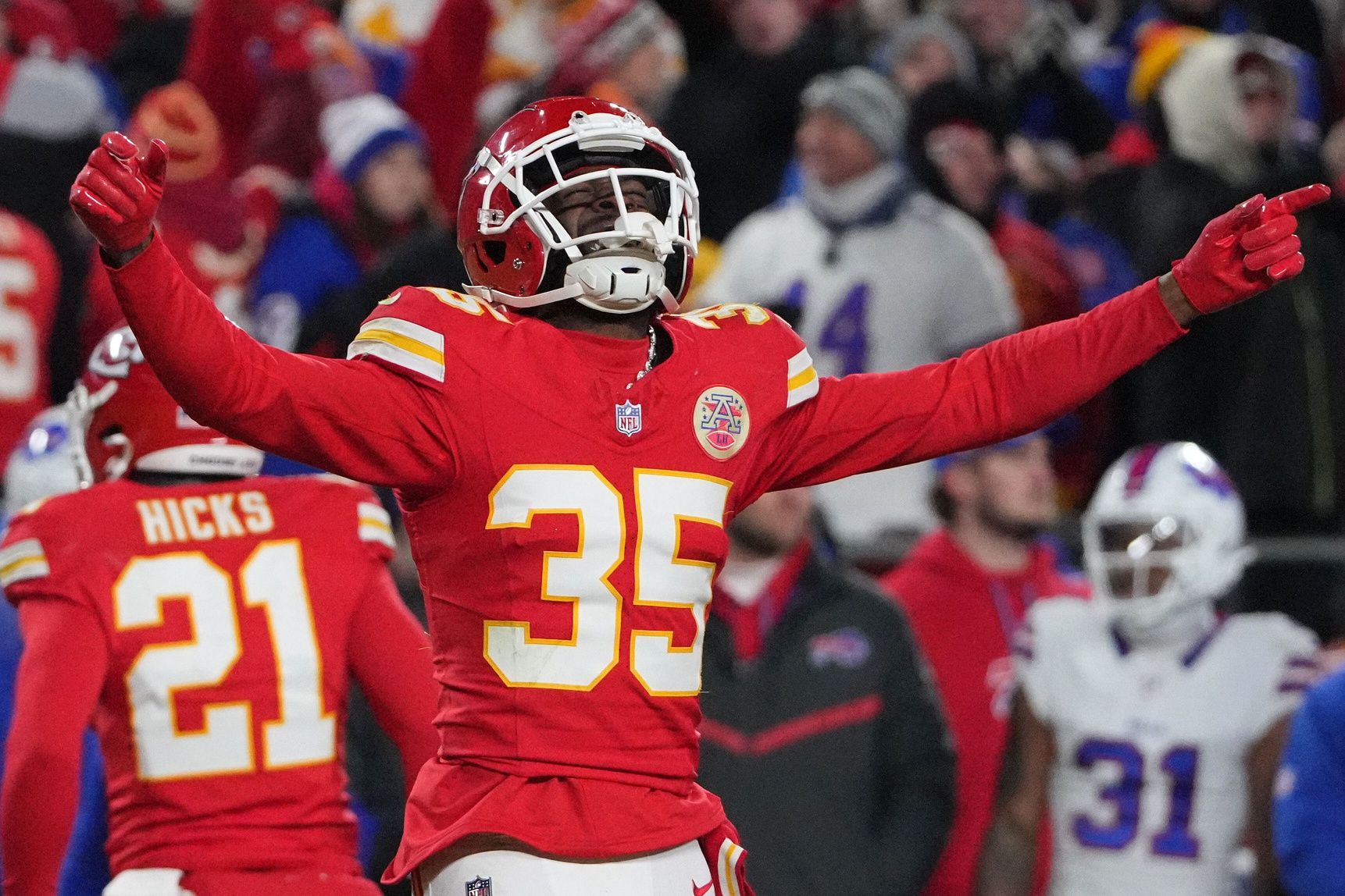 Kansas City Chiefs cornerback Jaylen Watson (35) reacts against the Buffalo Bills in the second half for the AFC Championship game at GEHA Field at Arrowhead Stadium.