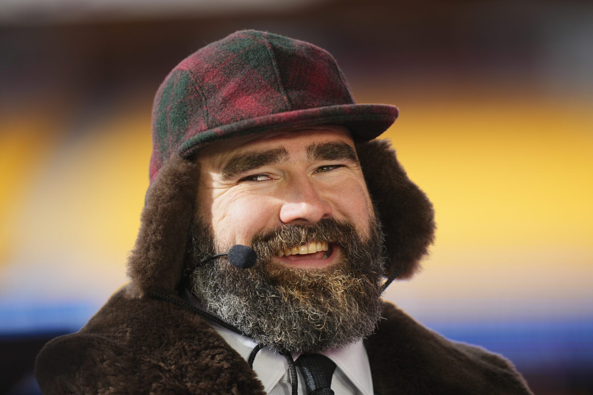 Philadelphia Eagles former player and ESPN commentator Jason Kelce reacts before in a 2025 AFC divisional round game between the Kansas City Chiefs and the Houston Texans at GEHA Field at Arrowhead Stadium.