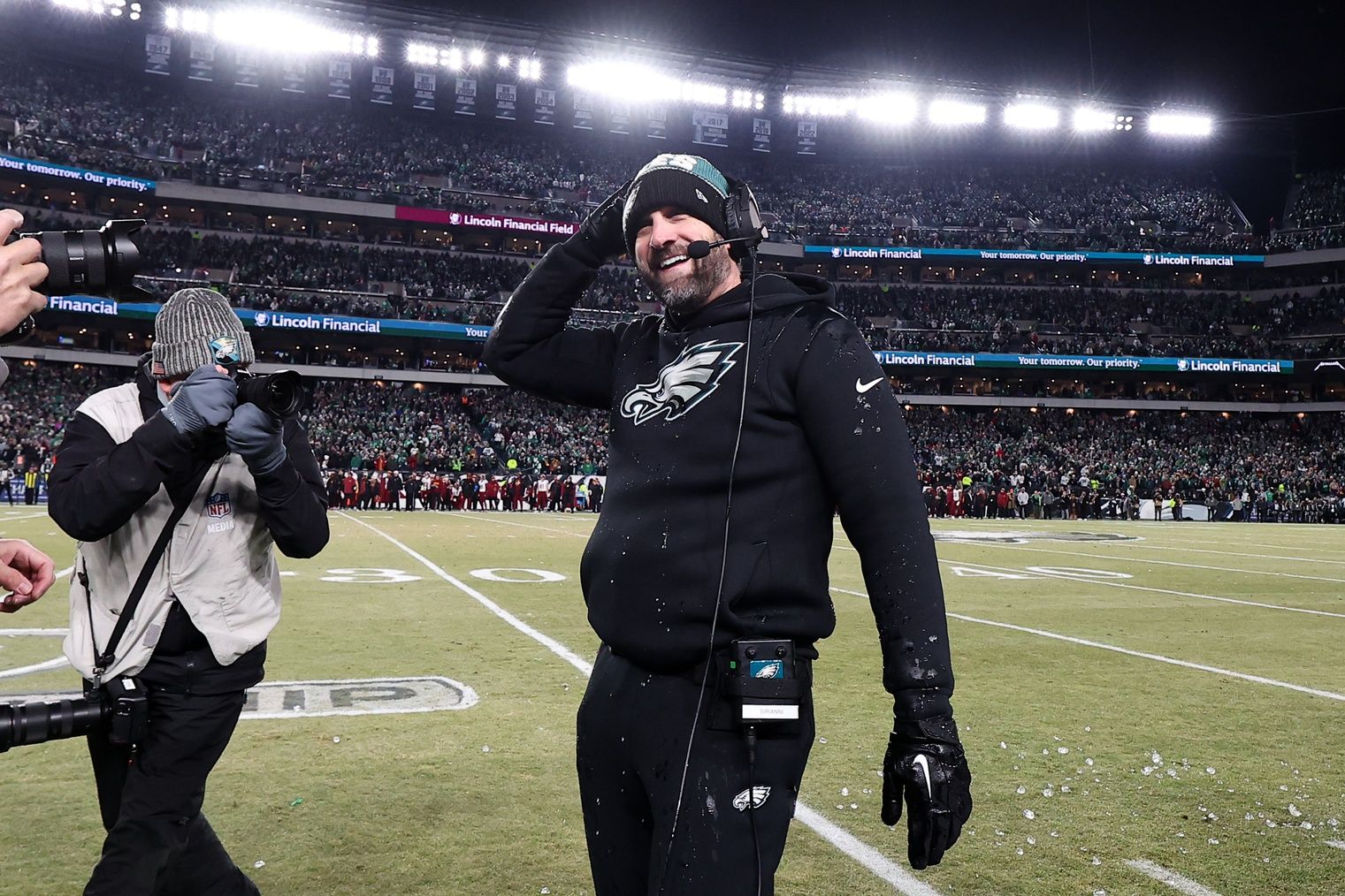 Philadelphia Eagles head coach Nick Sirianni is celebrates in the closing minutes of a victory against the Washington Commanders in the NFC Championship game at Lincoln Financial Field.