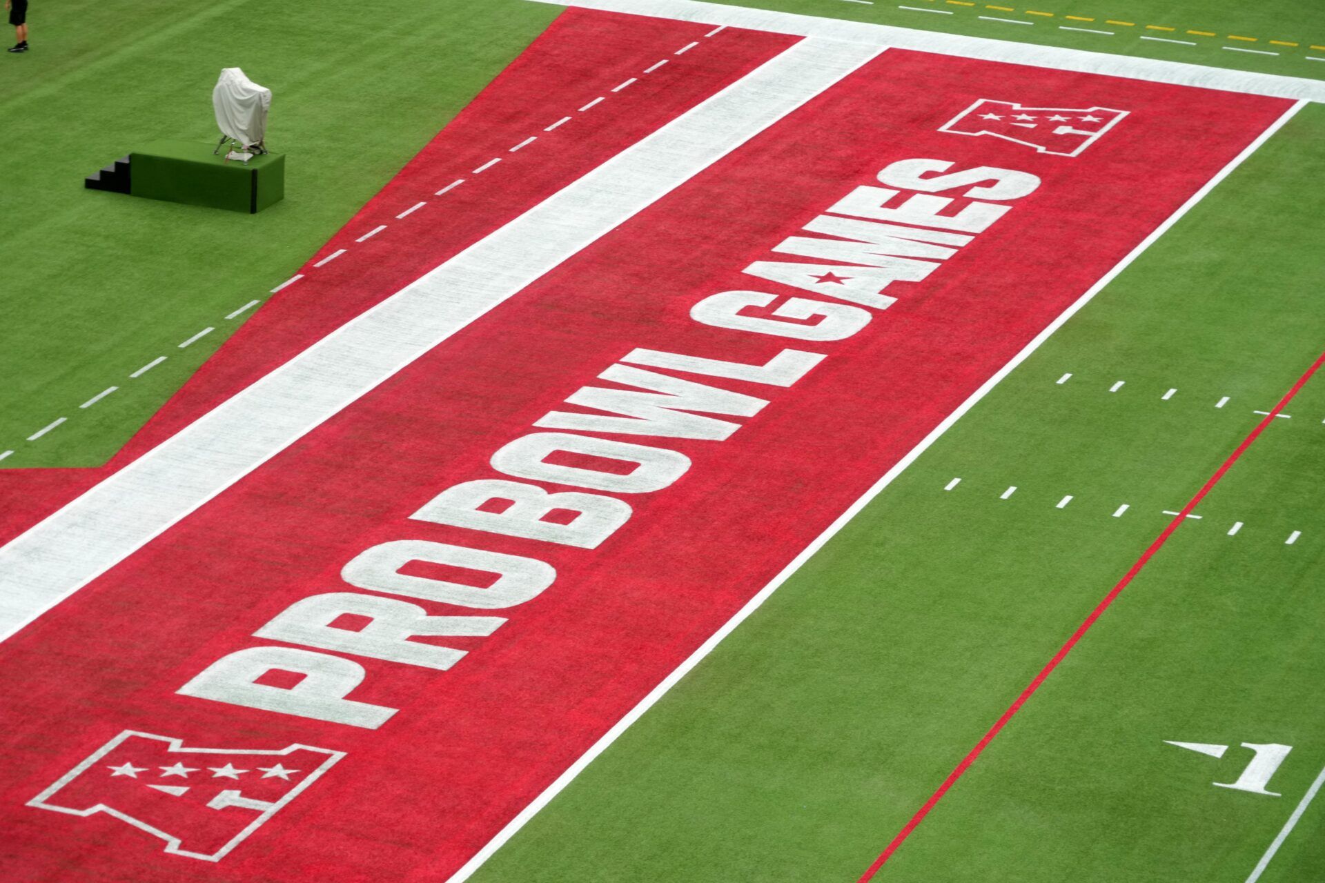 A general overall view of the Pro Bowl Games and AFC logos on the Camping World Stadium field.