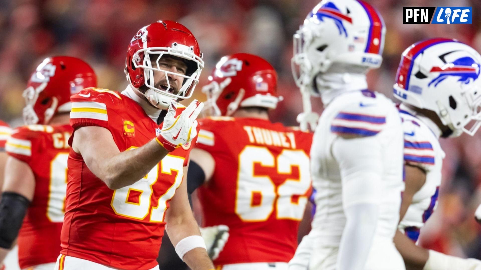 Kansas City Chiefs tight end Travis Kelce (87) reacts against the Buffalo Bills during the AFC Championship game at GEHA Field at Arrowhead Stadium.