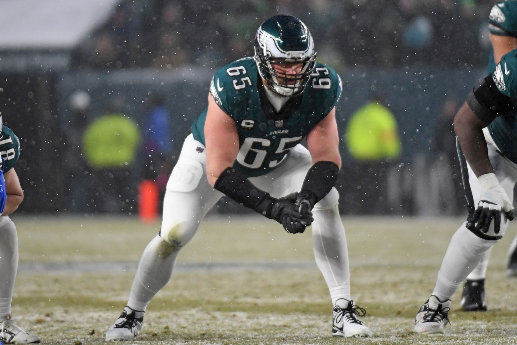 Philadelphia Eagles offensive tackle Lane Johnson (65) against the Los Angeles Rams in a 2025 NFC divisional round game at Lincoln Financial Field.