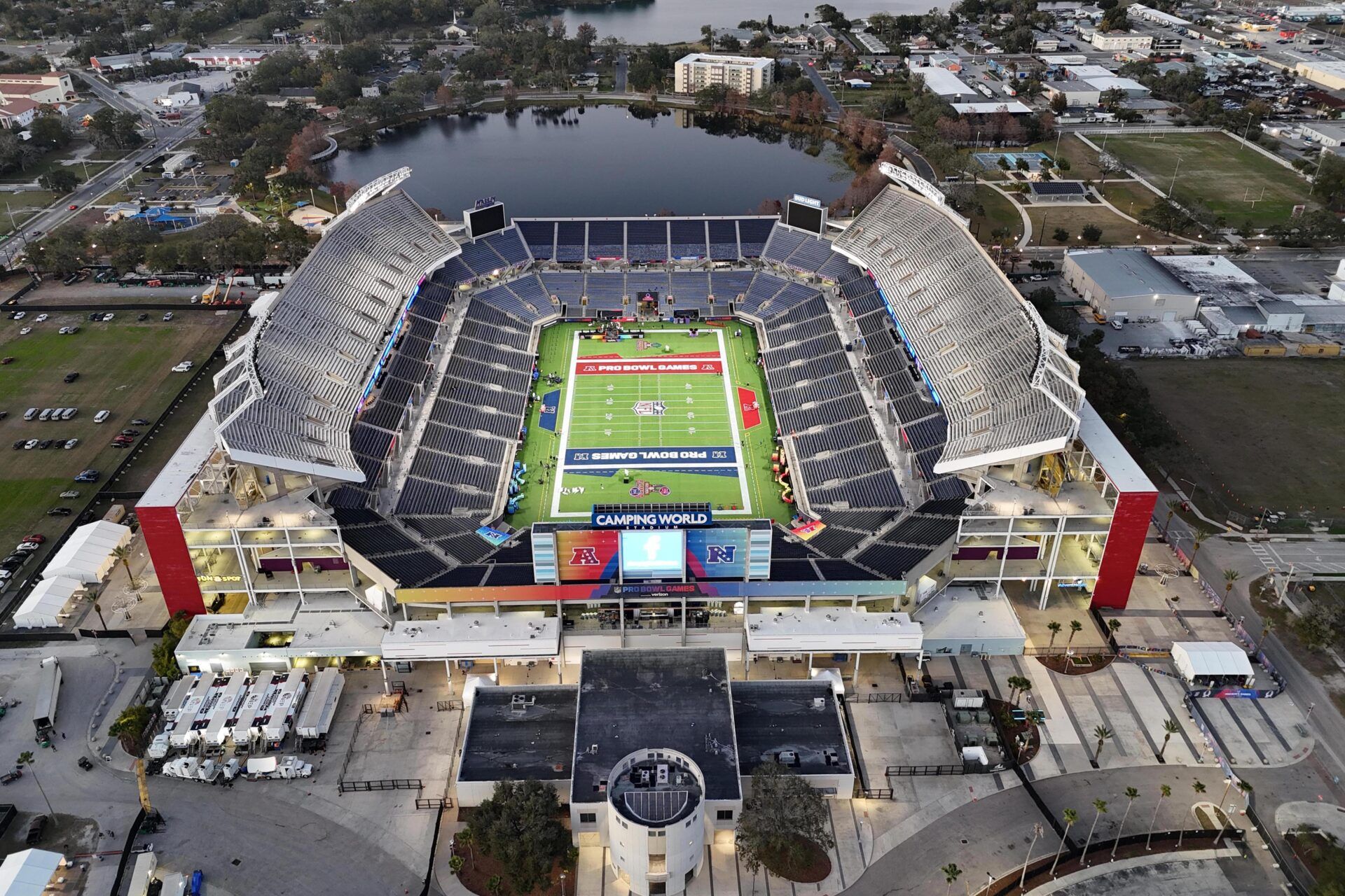 A general overall aerial view of Camping World Stadium, the site of the 2025 Pro Bowl Games.