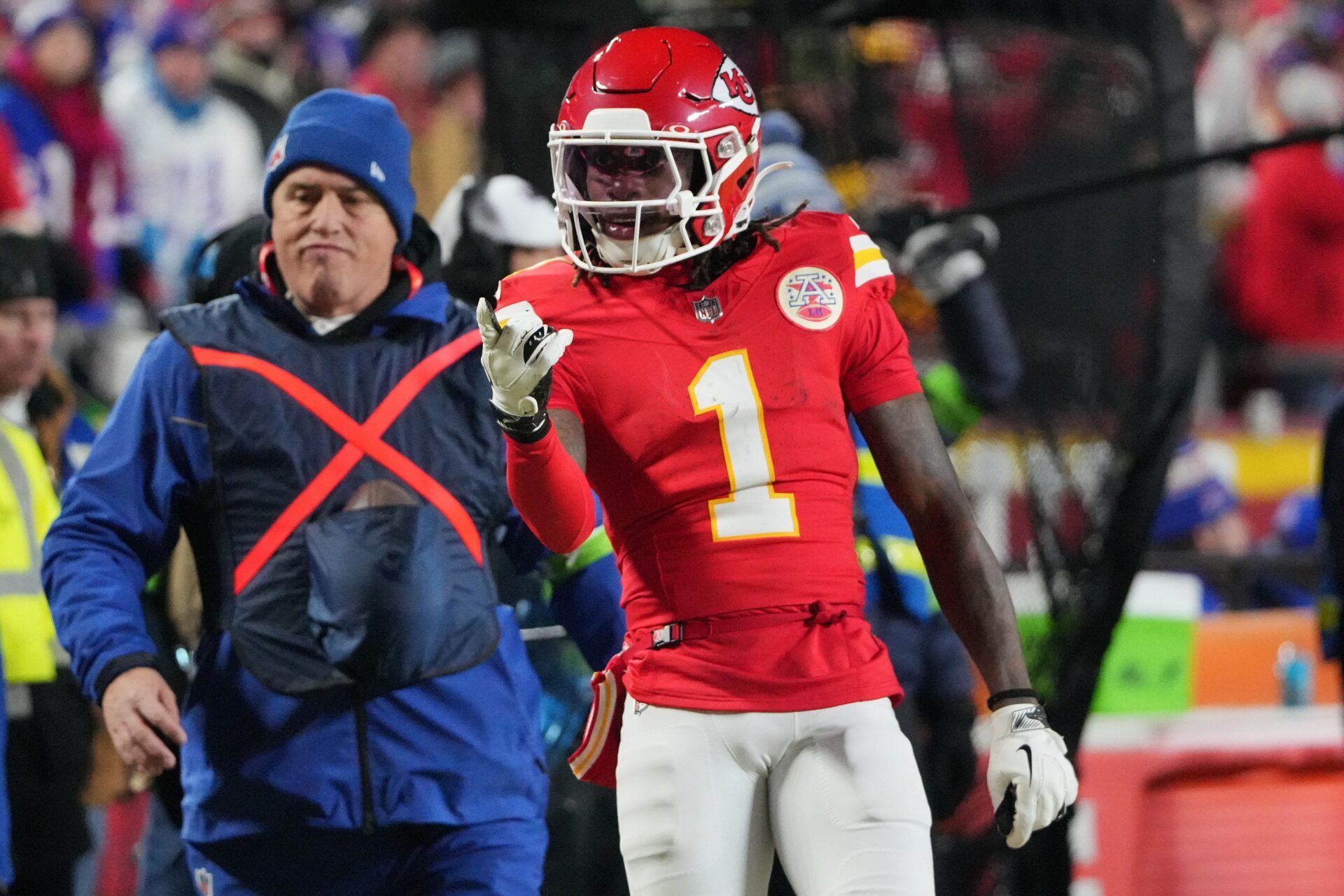 Kansas City Chiefs wide receiver Xavier Worthy (1) reacts against the Buffalo Bills during the first half in the AFC Championship game at GEHA Field at Arrowhead Stadium.