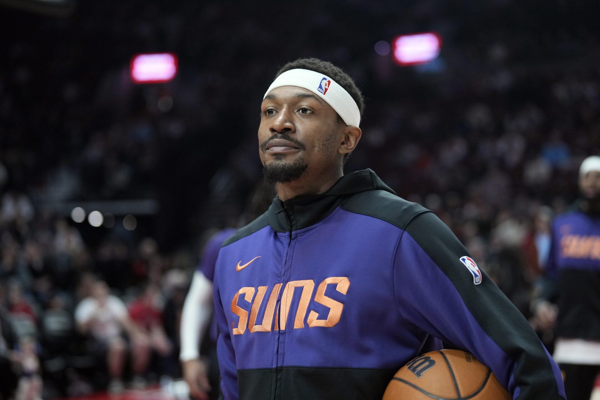 Phoenix Suns shooting guard Bradley Beal (3) looks on before the game against the Portland Trail Blazers at Moda Center.