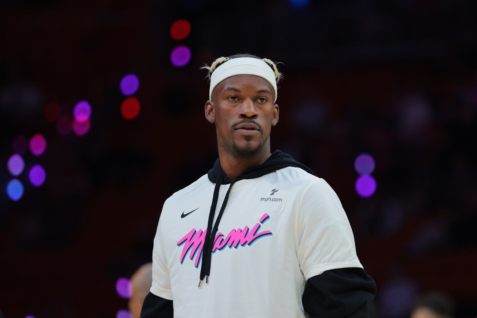 Miami Heat forward Jimmy Butler (22) looks on before the game against the Denver Nuggets at Kaseya Center.