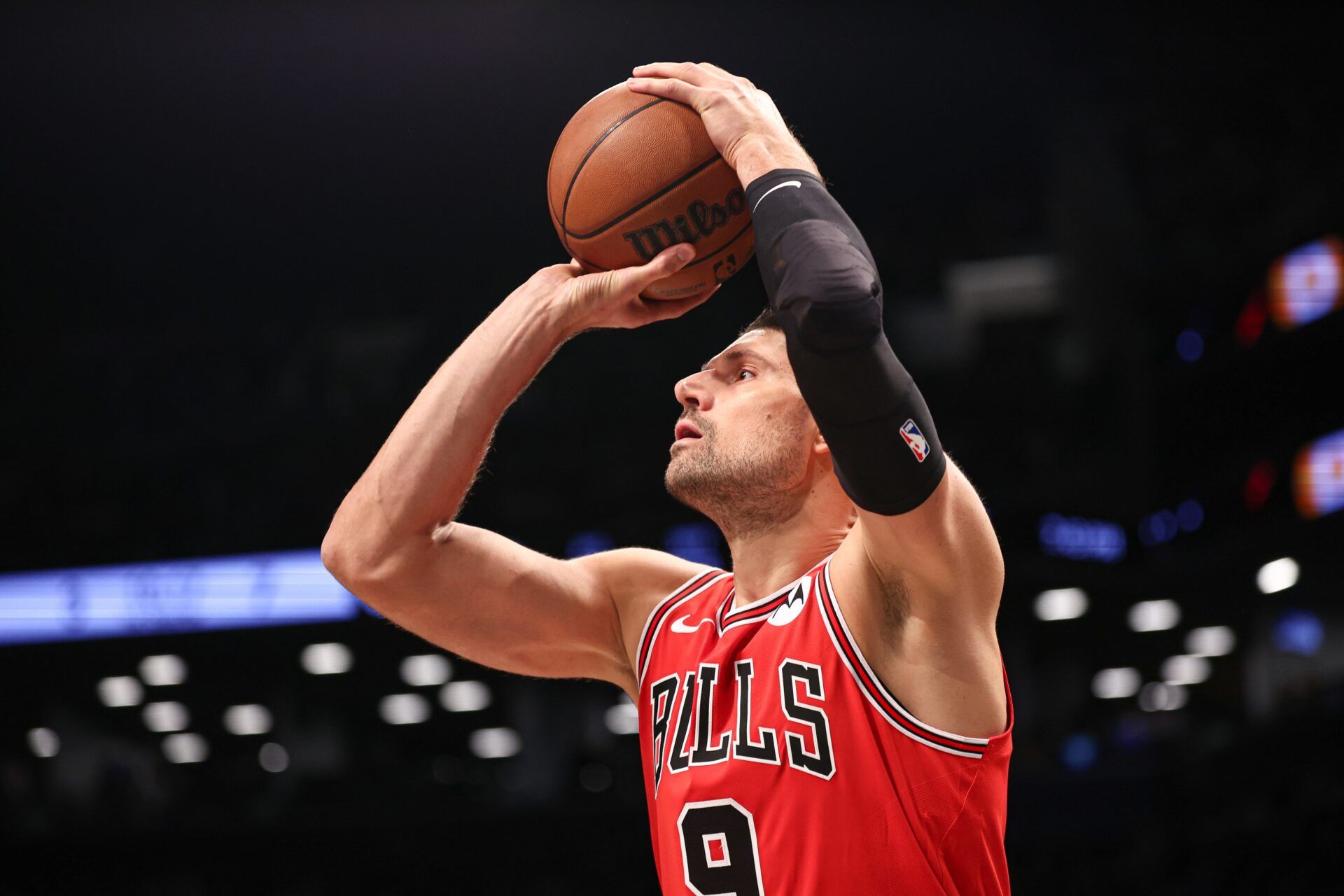 Chicago Bulls center Nikola Vucevic (9) shoots the ball during the first quarter against the Brooklyn Nets at Barclays Center.