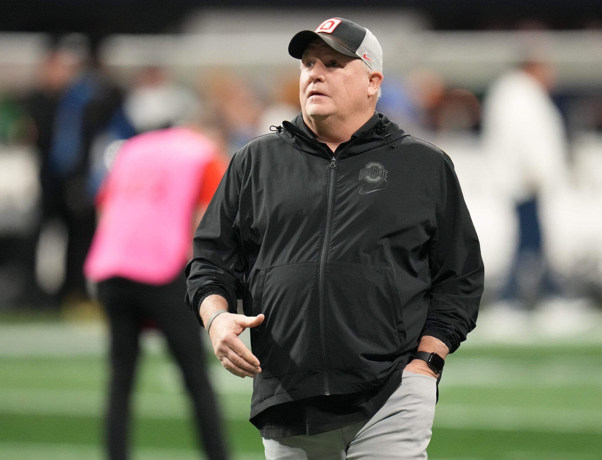 Ohio State Buckeyes offensive coordinator Chip Kelly before playing against the Notre Dame Fighting Irish the CFP National Championship college football game at Mercedes-Benz Stadium.