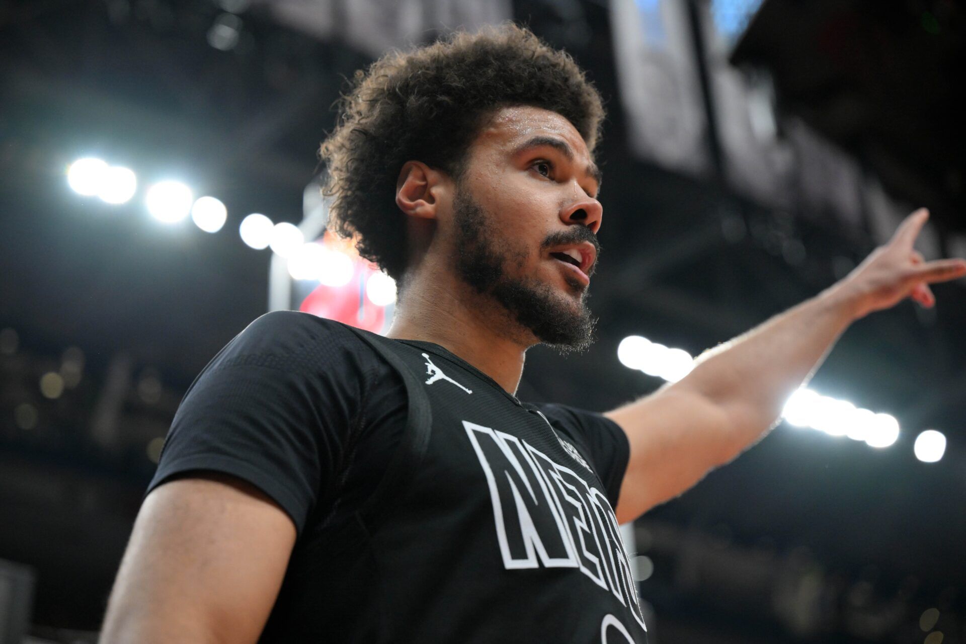 Brooklyn Nets forward Cam Johnson (2) reacts after scoring a basket and earning a foul call against the Toronto Raptors in the first half at Scotiabank Arena.