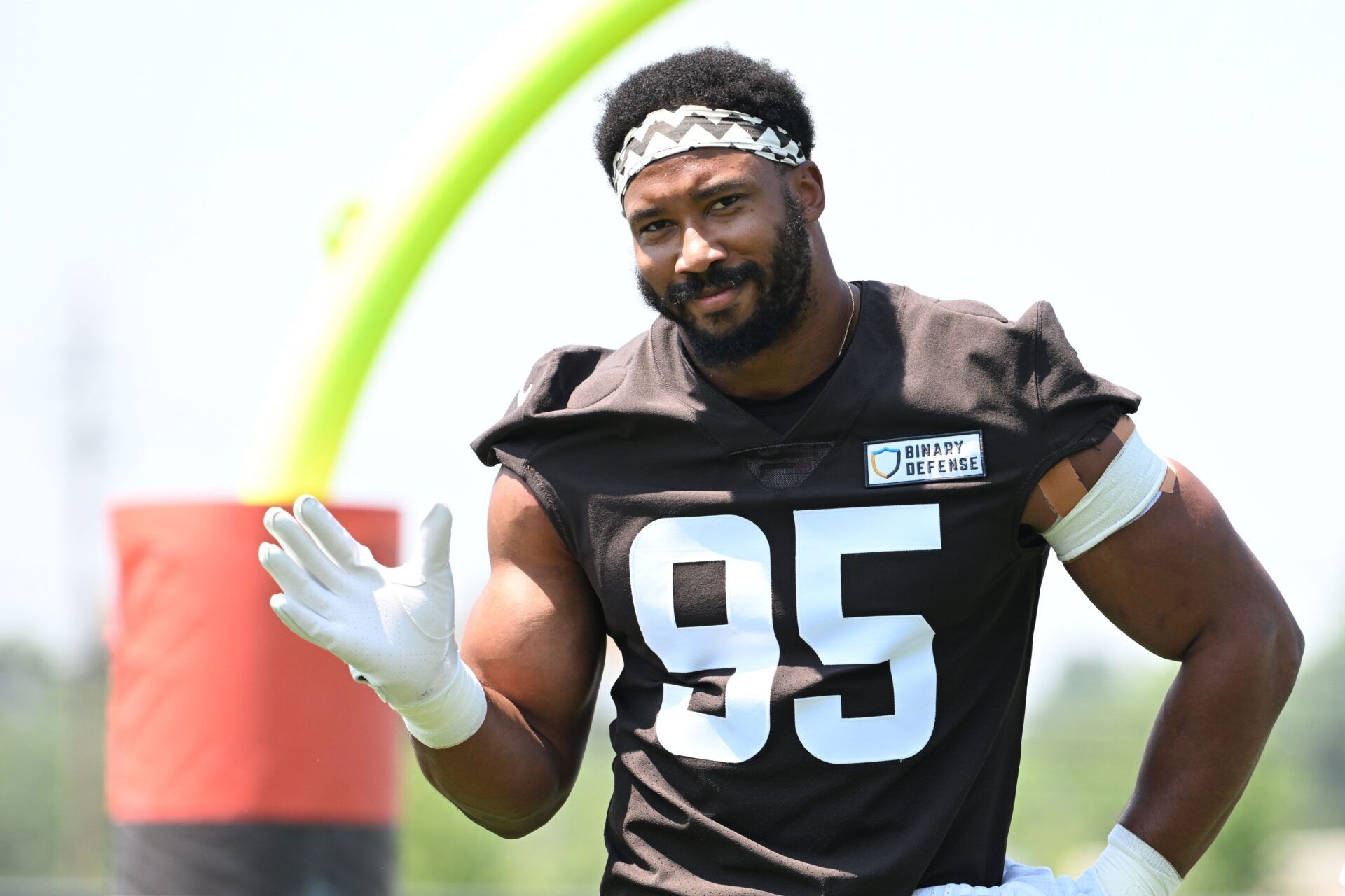 Cleveland Browns defensive end Myles Garrett (95) during practice at the Browns training facility in Berea, Ohio.