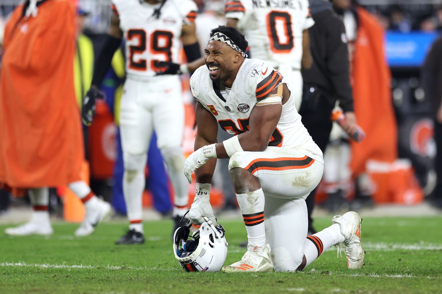 Cleveland Browns defensive end Myles Garrett (95) looks on during the second half against the New York Jets at Cleveland Browns Stadium.