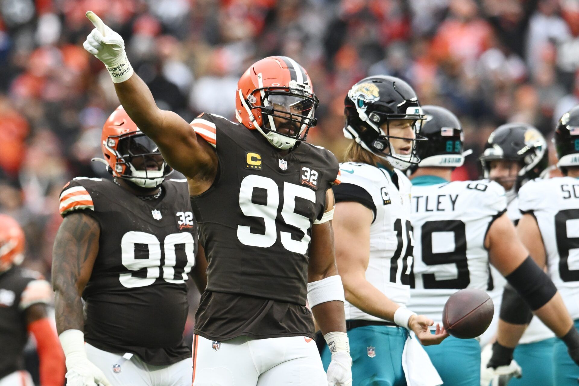 Cleveland Browns defensive end Myles Garrett (95) celebrates after the Jacksonville Jaguars were called for a penalty during the first quarter at Cleveland Browns Stadium.