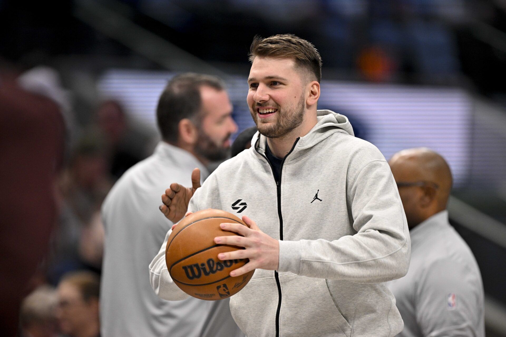 Dallas Mavericks guard Luka Doncic (77) looks on during a stoppage in play during the first half of the game between the Dallas Mavericks and the Minnesota Timberwolves at the American Airlines Center.