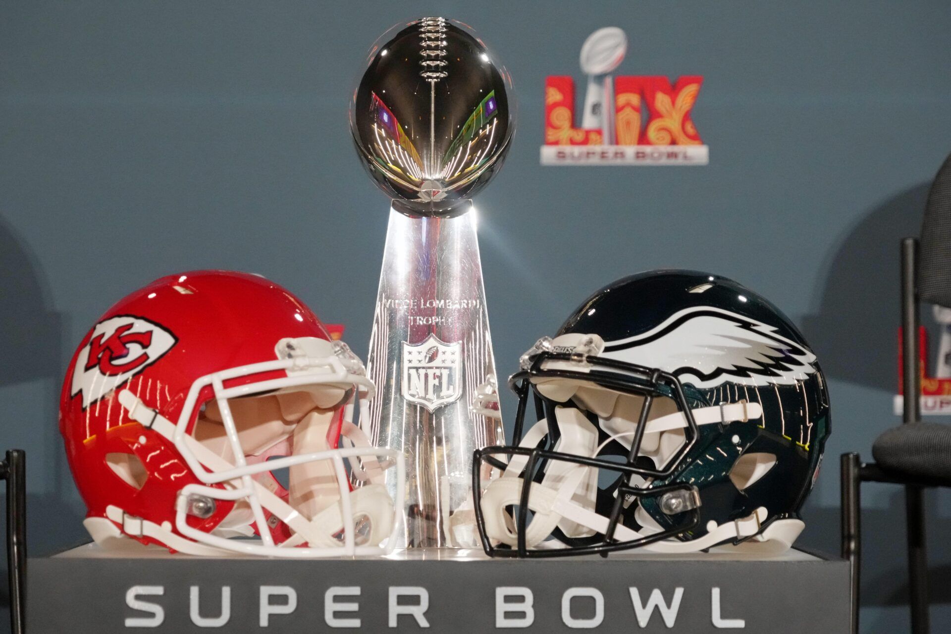 A detail view of the Vince Lombardi Trophy before a press conference ahead of Super Bowl LIX at New Orleans Saints Locker Room.