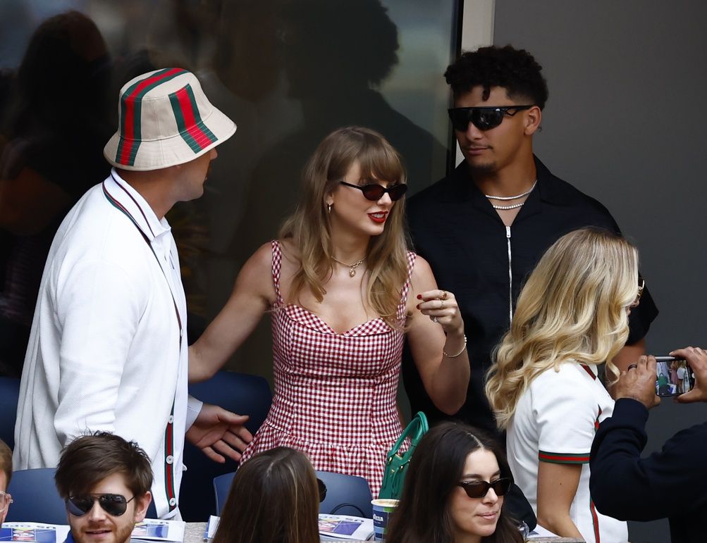 Recording artist Taylor Swift and Kansas City Chiefs tight end Travis Kelce and Kansas City Chiefs quarterback Patrick Mahomes and Brittany Mahomes look on in the men’s singles final of the 2024 U.S. Open tennis tournament at USTA Billie Jean King National Tennis Center at Louis Armstrong Stadium.