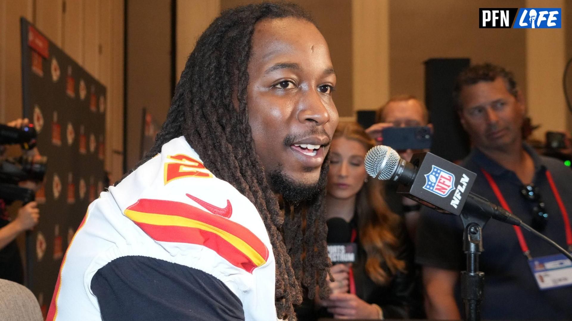 Kansas City Chiefs running back Kareem Hunt (29) at a press conference in advance of Super Bowl LIX at New Orleans Marriott.