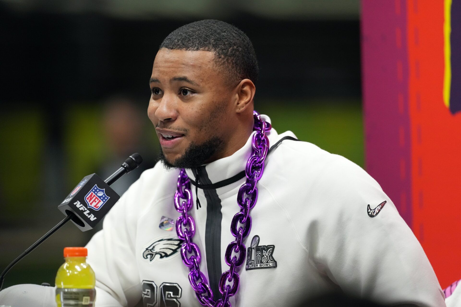 Philadelphia Eagles running back Saquon Barkley speaks during Super Bowl LIX Opening Night at Ceasars Superdome.