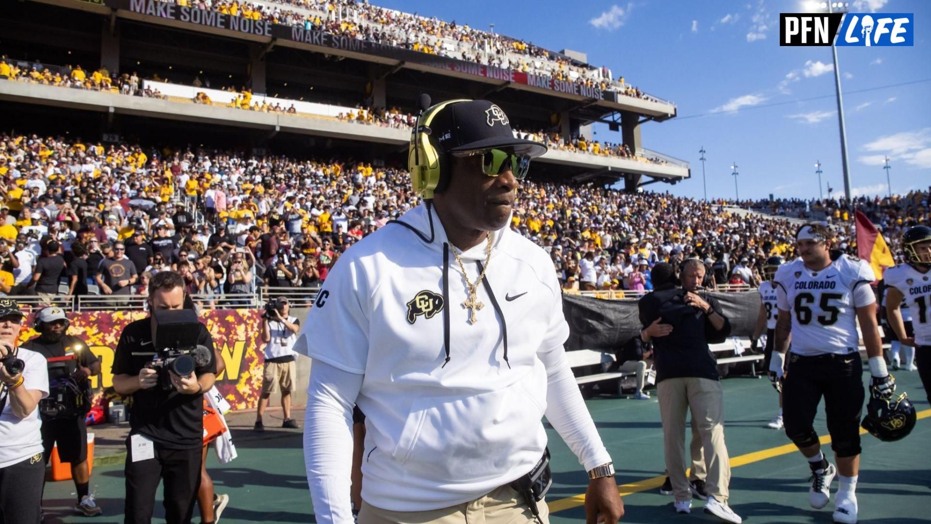 Colorado Buffaloes head coach Deion Sanders against the Arizona State Sun Devils at Mountain America Stadium.