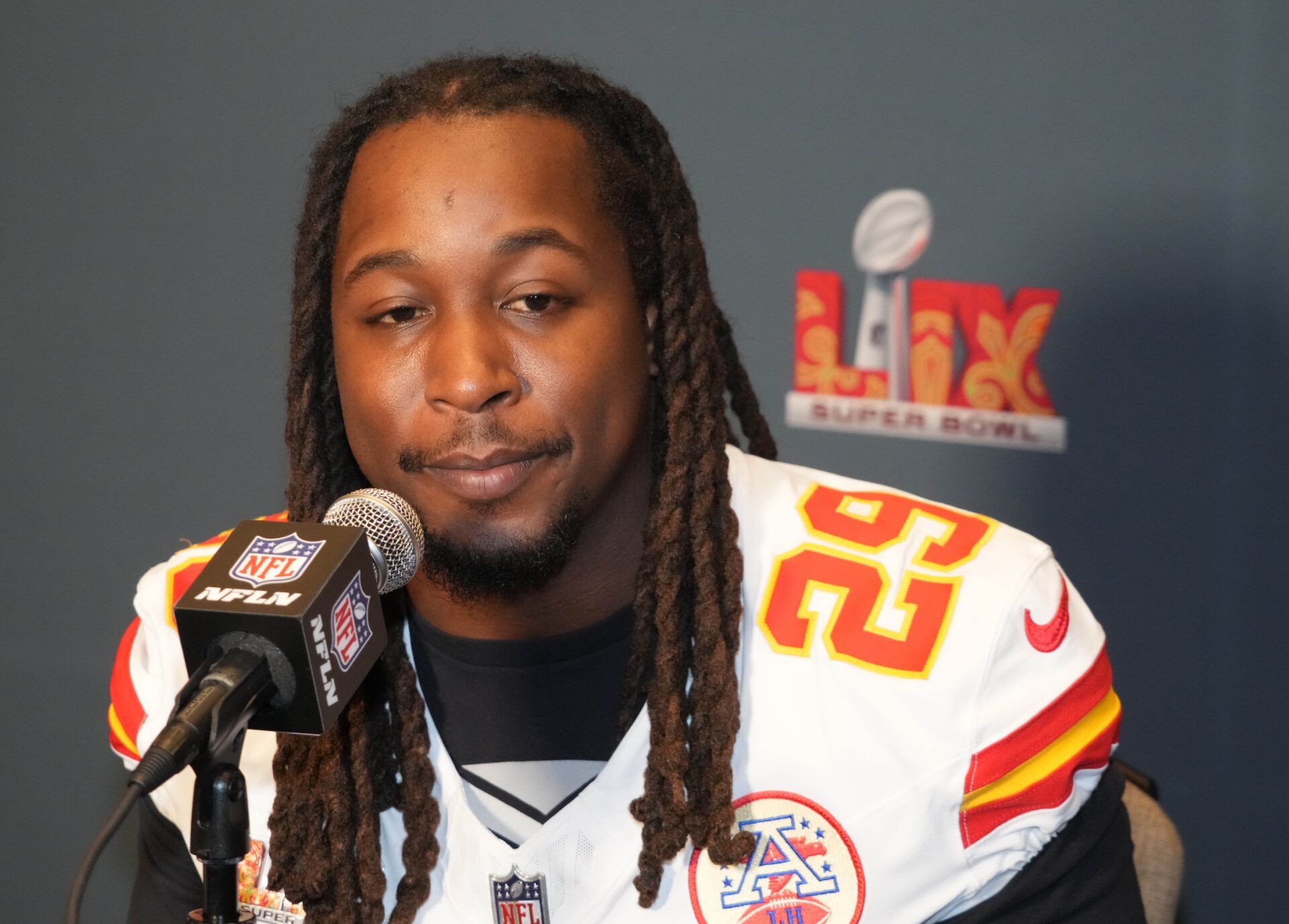Kansas City Chiefs running back Kareem Hunt (29) at a press conference in advance of Super Bowl LIX at New Orleans Marriott.