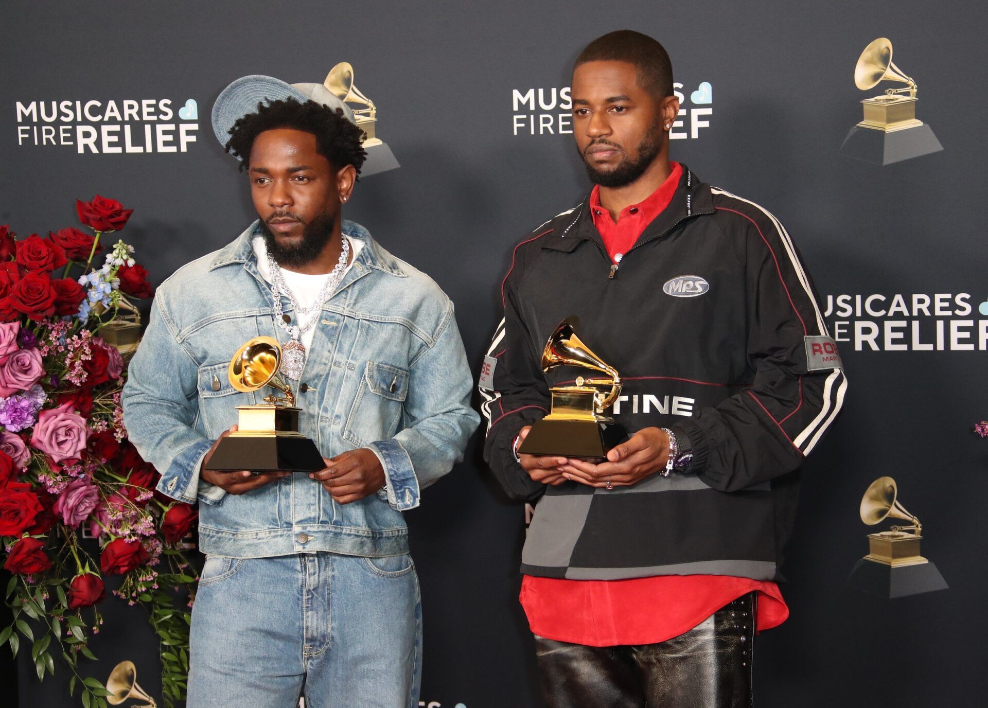 (L-R) Kendrick Lamar and Dave Free, Winners of Record of the Year, Best Rap Performance, Best Rap Song, Best Music Video, and Song of the Year for ‘Not Like Us’ at the 67th Annual Grammy Awards at Crypto.com Arena in Los Angeles on Sunday, Feb. 2, 2025.