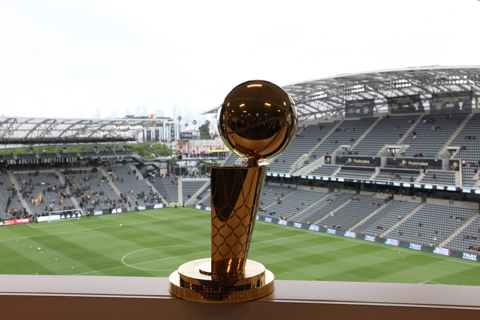 The Larry O'Brien NBA Championship Trophy is displayed at the media room before the game between the Los Angeles FC and the Sporting Kansas City at BMO Stadium.