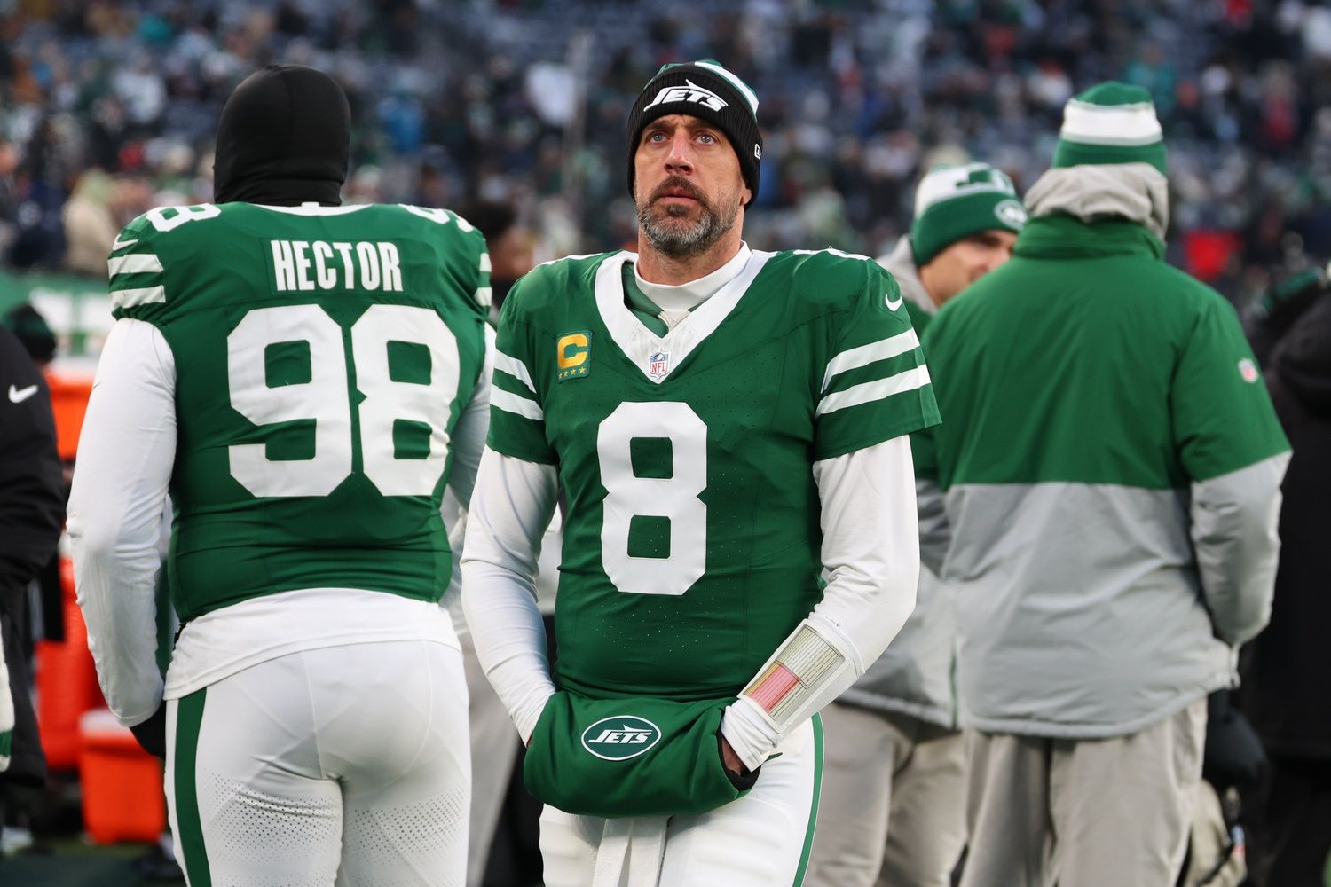 New York Jets quarterback Aaron Rodgers (8) looks on during the first quarter of their game against the Miami Dolphins at MetLife Stadium.