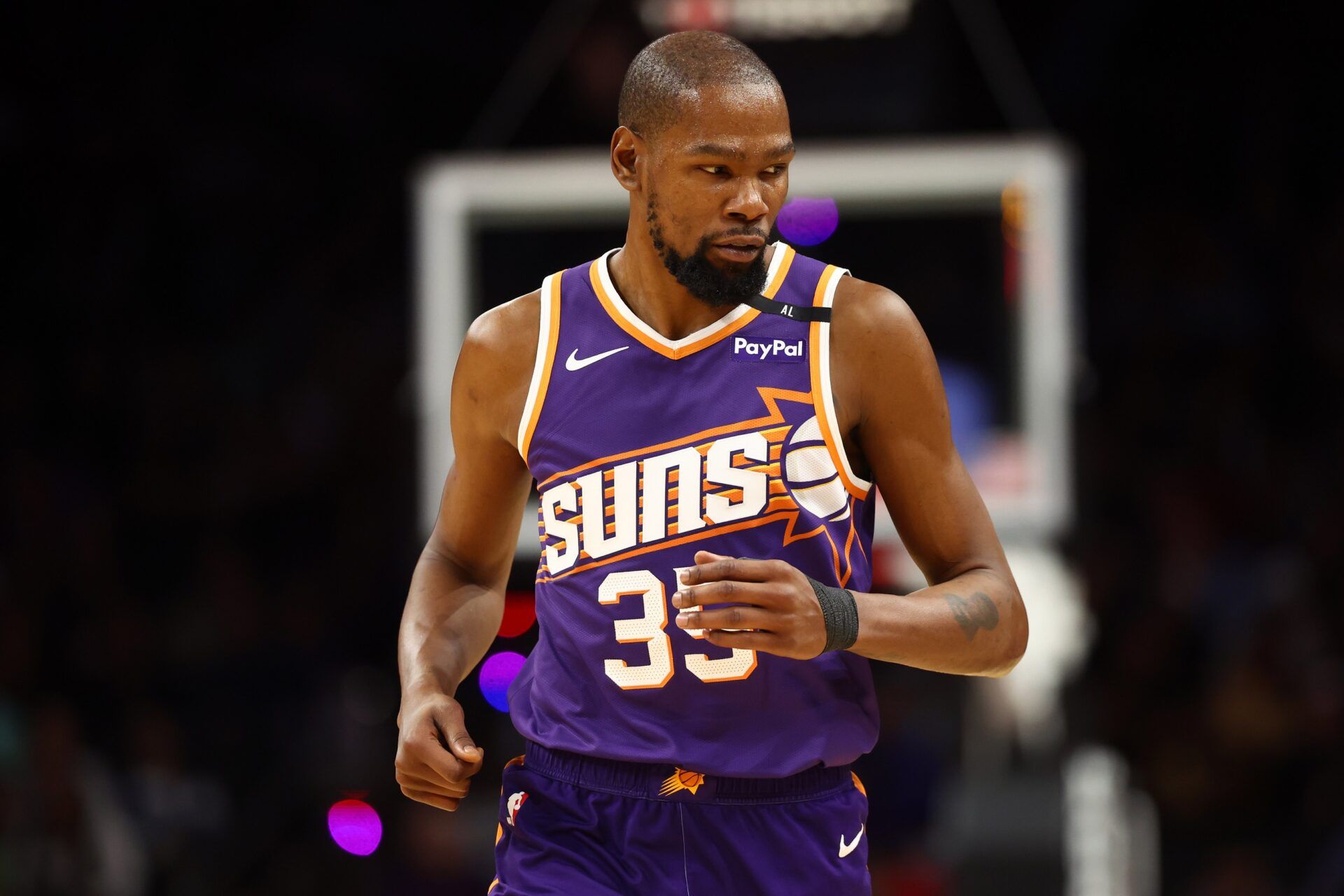 Phoenix Suns forward Kevin Durant (35) reacts against the Minnesota Timberwolves in the first half at Footprint Center.