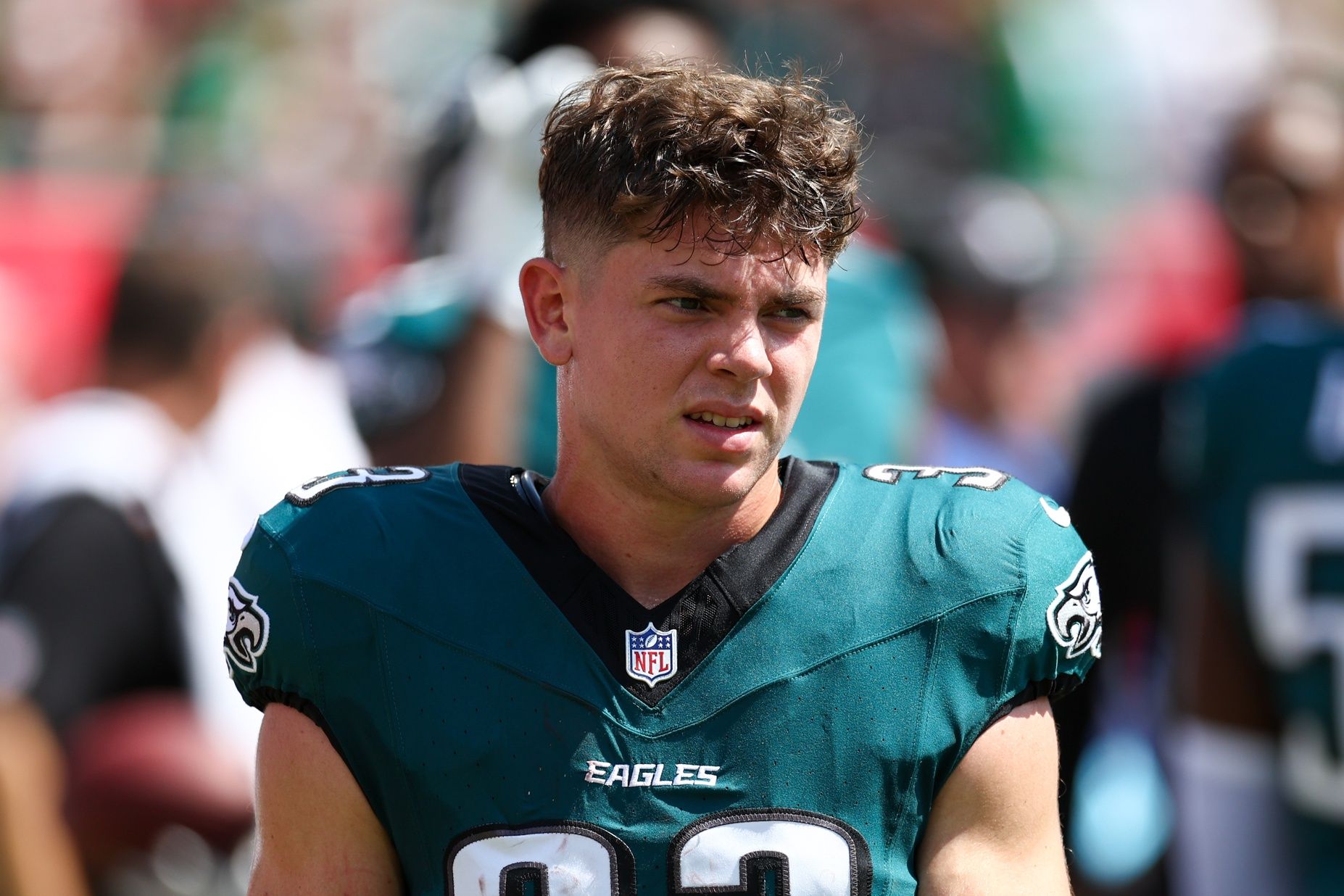 Philadelphia Eagles cornerback Cooper DeJean (33) warms up before a game against the Tampa Bay Buccaneers at Raymond James Stadium.