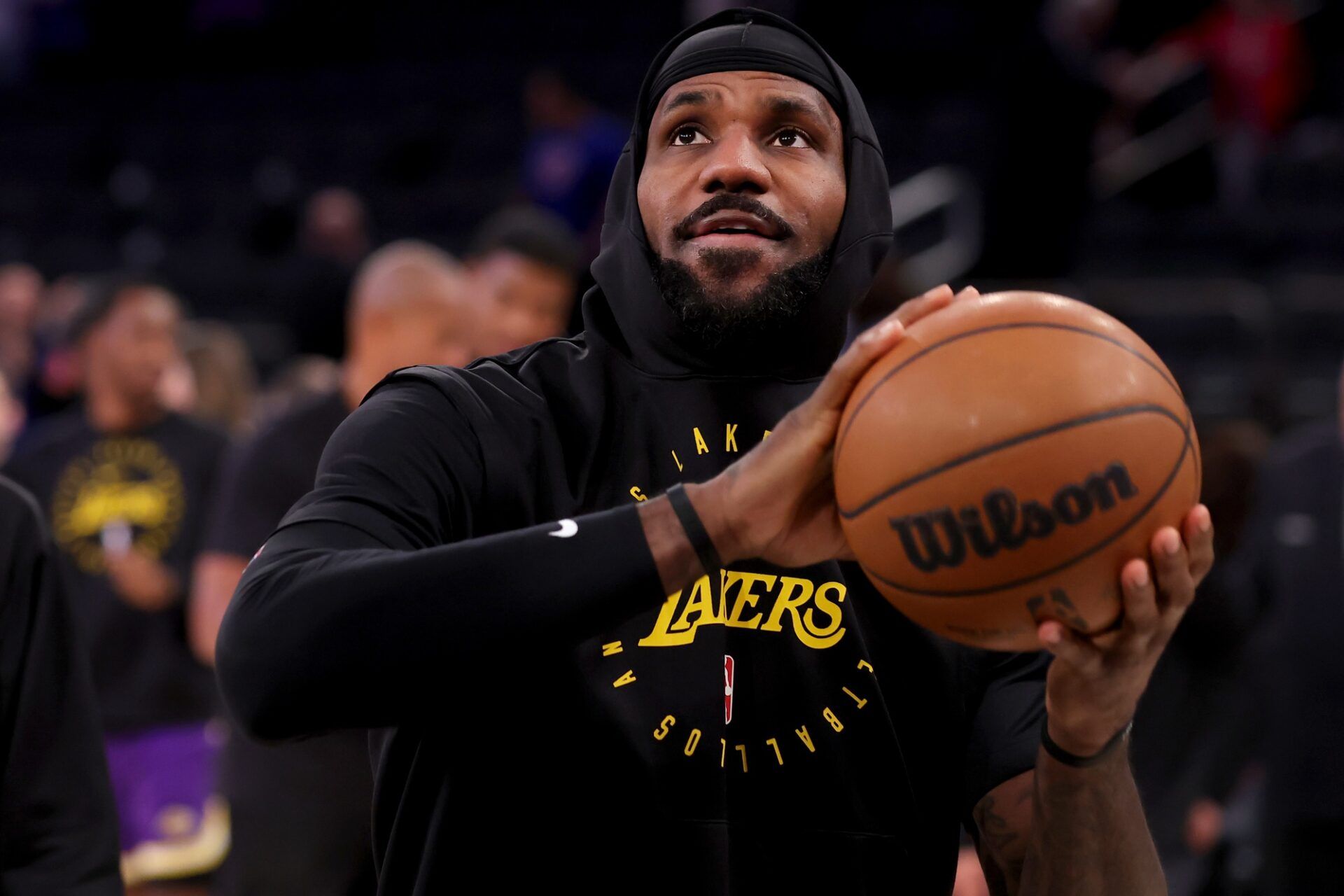 Los Angeles Lakers forward LeBron James (23) warms up before a game against the New York Knicks at Madison Square Garden.