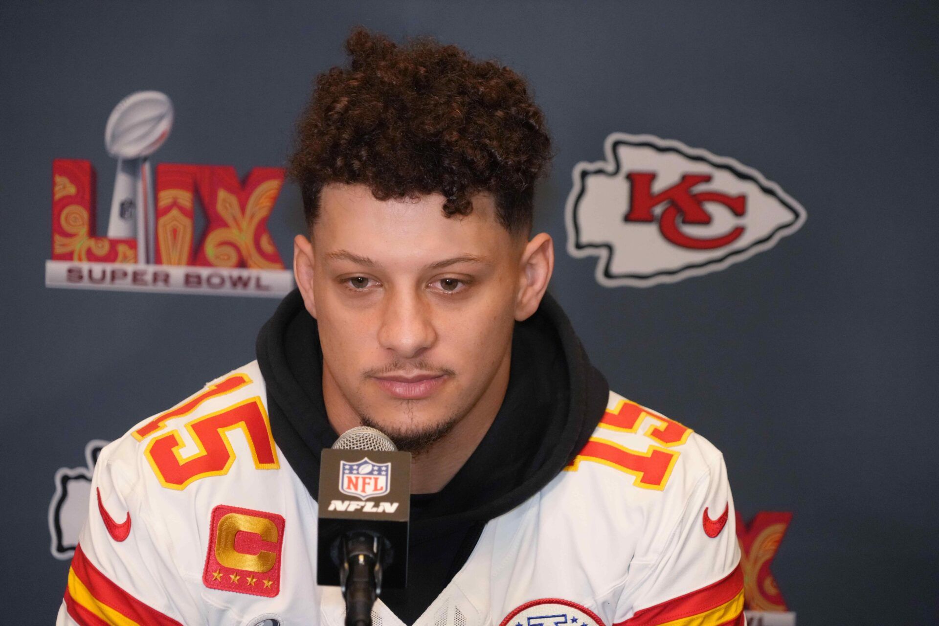 Kansas City Chiefs quarterback Patrick Mahomes (15) at a press conference in advance of Super Bowl LIX at New Orleans Marriott.