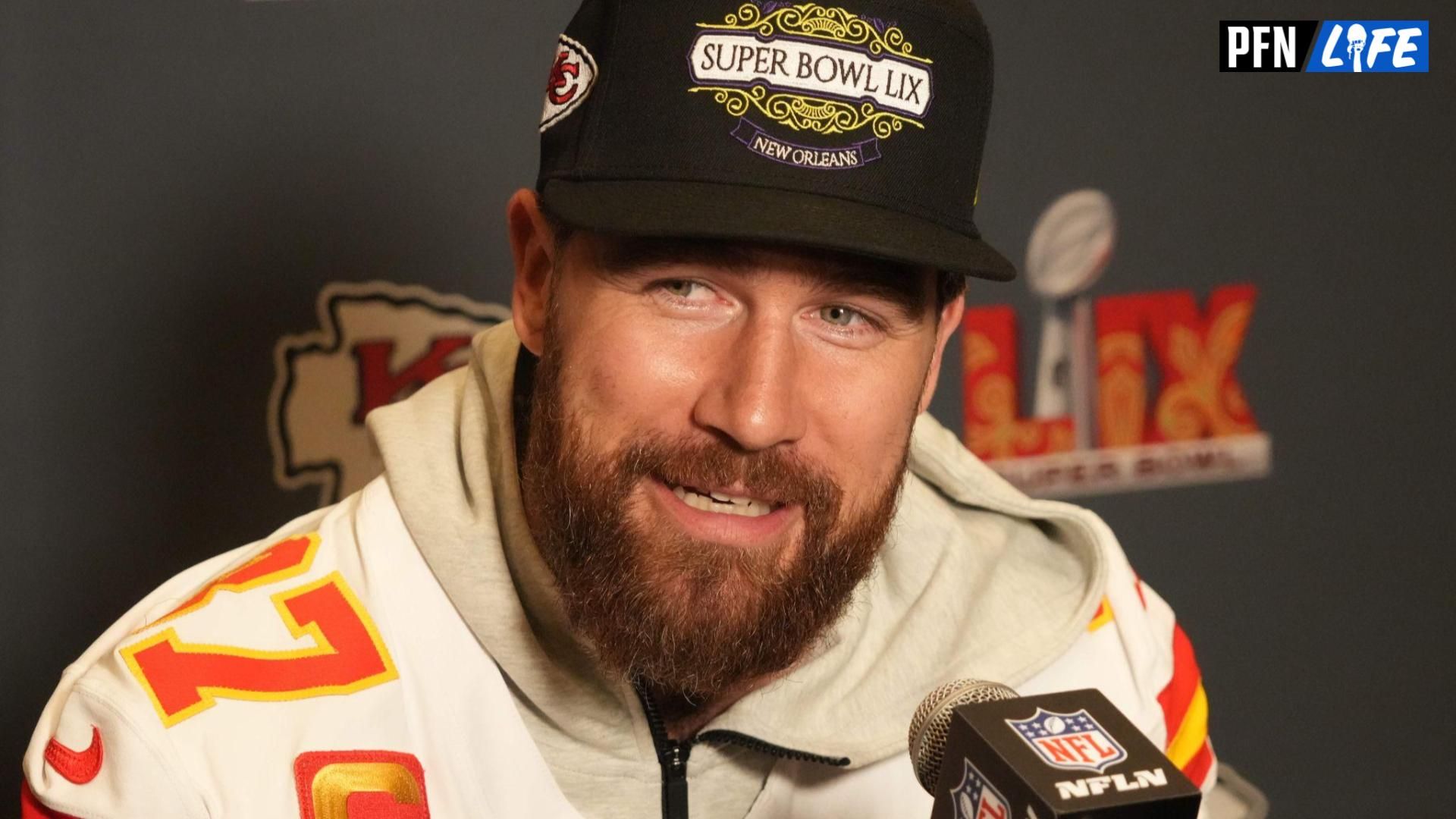 Kansas City Chiefs tight end Travis Kelce (87) in a press conference ahead of Super Bowl LIX at New Orleans Marriott.