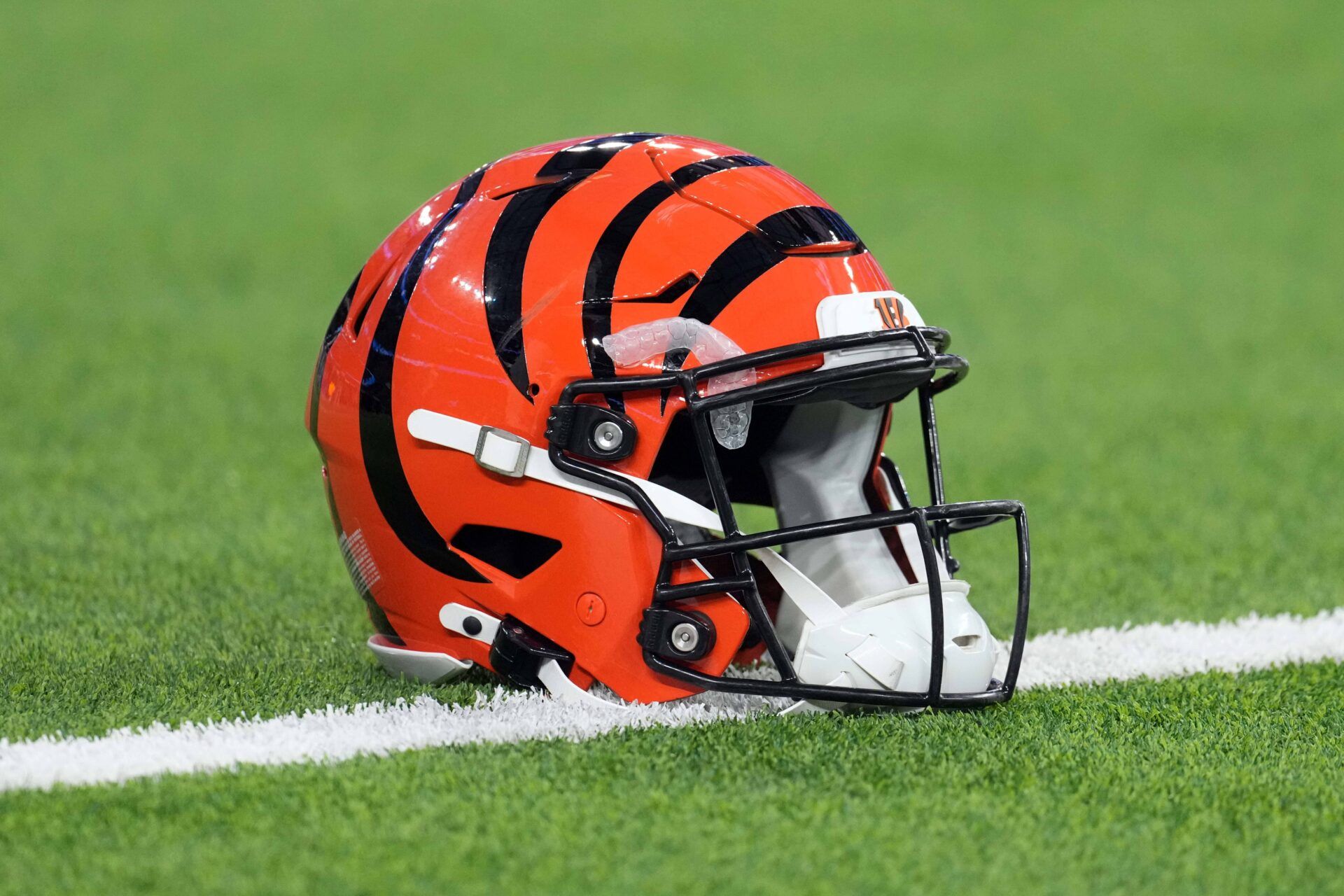 A Cincinnati Bengals Riddell Speedflex helmet on the field at SoFi Stadium.