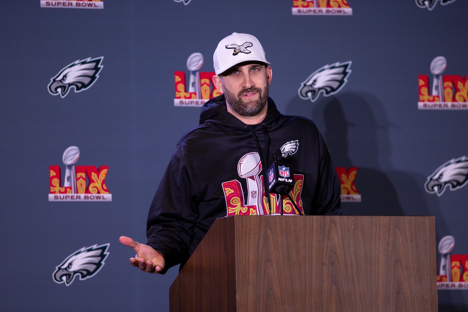 Philadelphia Eagles head coach Nick Sirianni speaks with the media during a press conference at Hilton New Orleans Riverside.