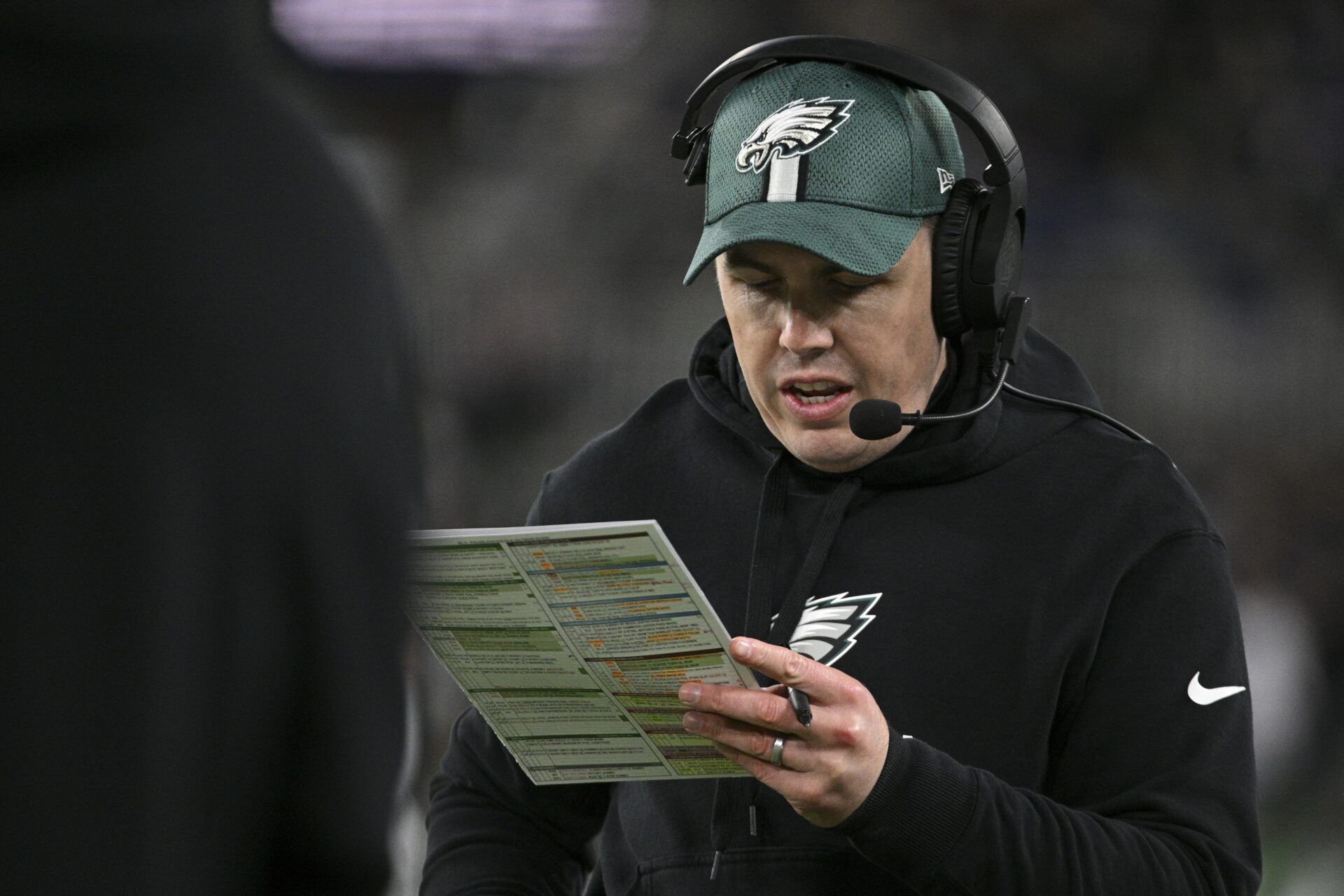 Philadelphia Eagles offensive coordinator Kellen Moore on the sidelines during the first half against the Baltimore Ravens at M&T Bank Stadium.