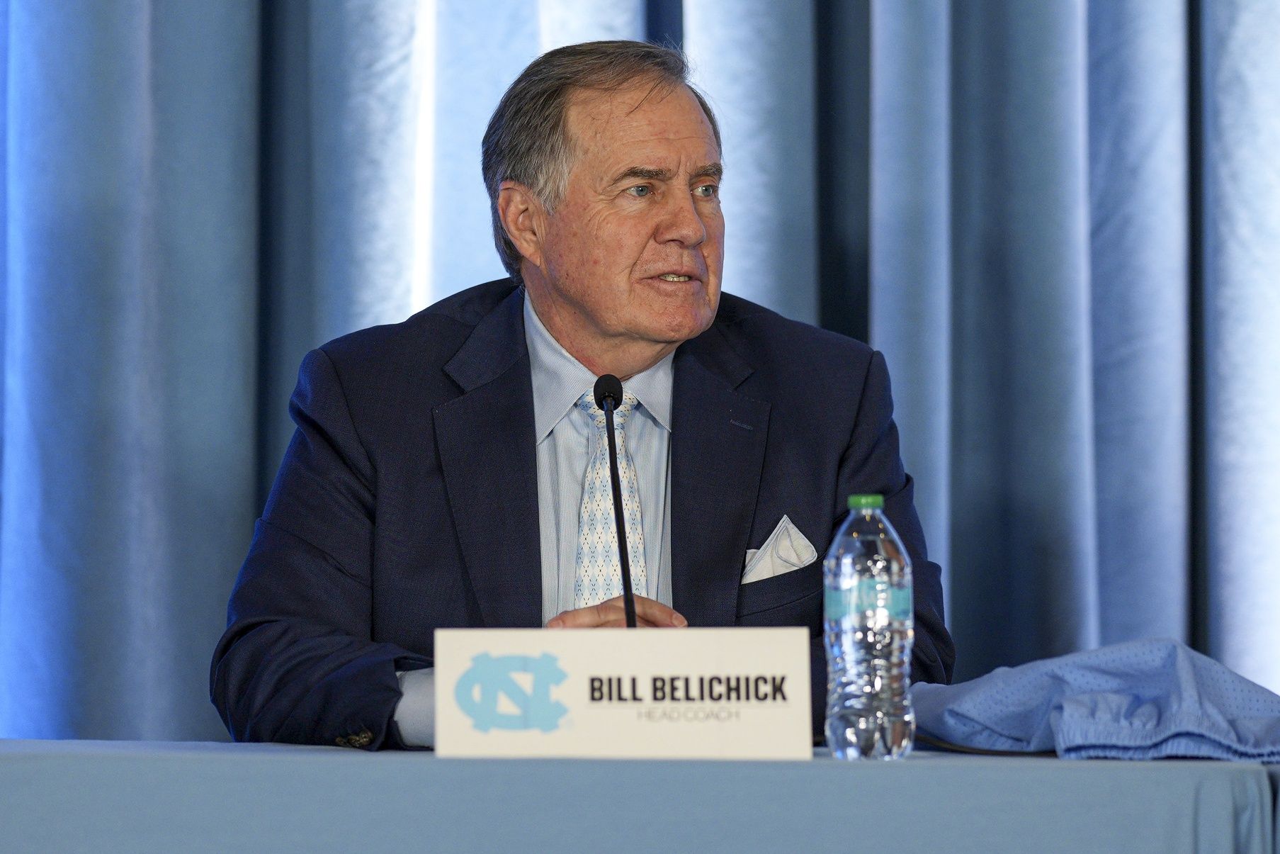 North Carolina Tar Heels new head coach Bill Belichick speaks to those attending his hiring announcement at Loudermilk Center for Excellence.